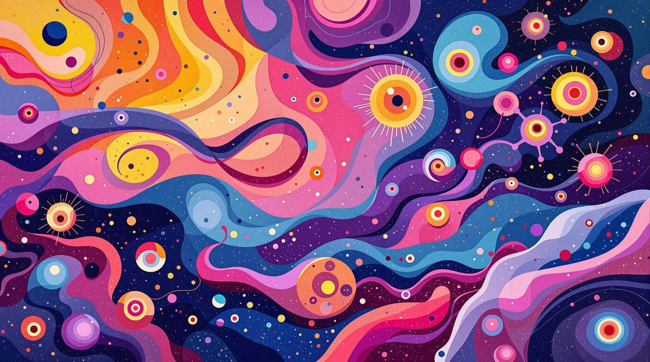 An abstract Kandinsky-style illustration of rejuvenated cells with anthocyanin molecules.