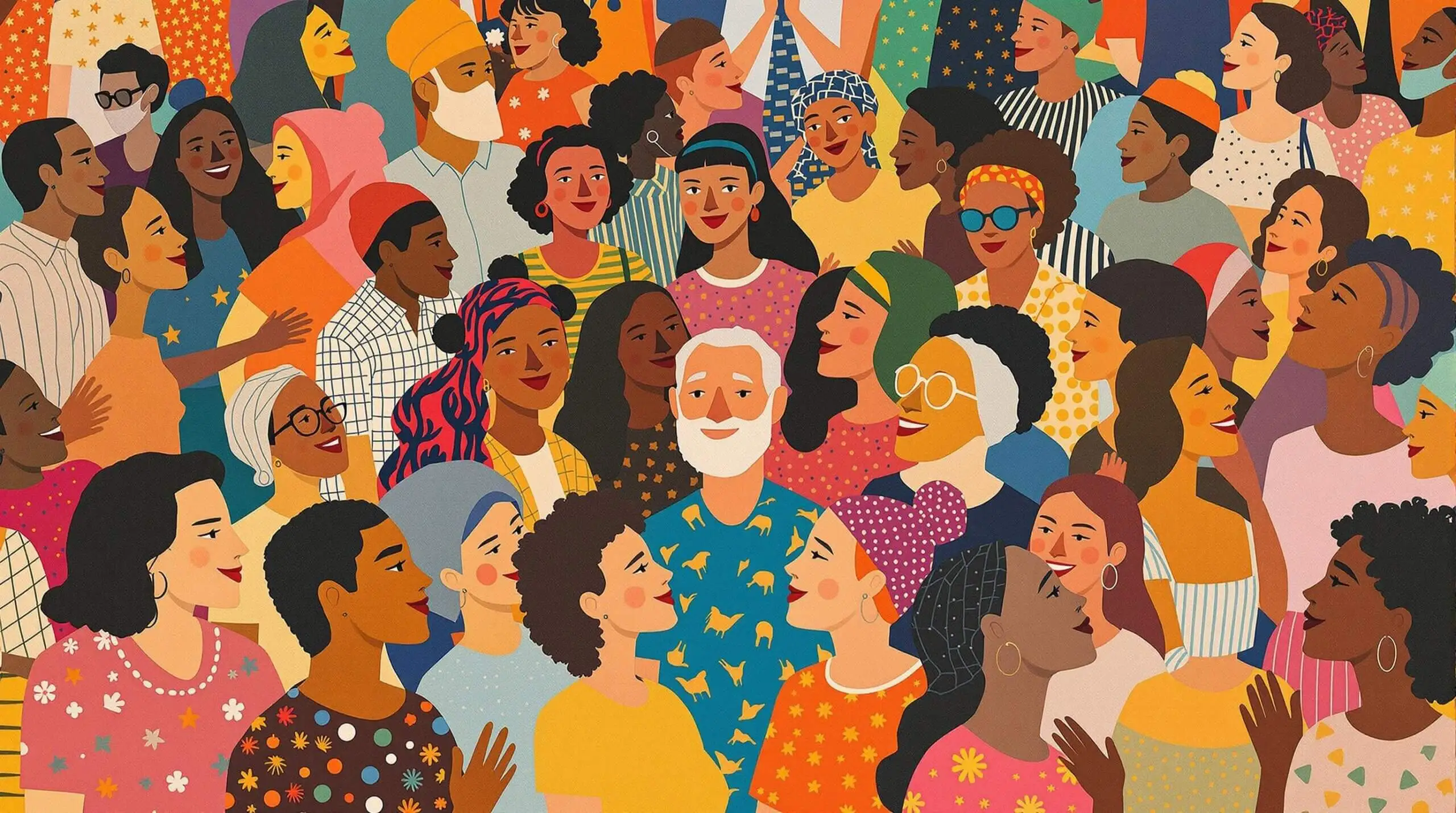 Diverse community of people celebrating with contrasting and vibrant colors in a collage style, symbolizing health and longevity.
