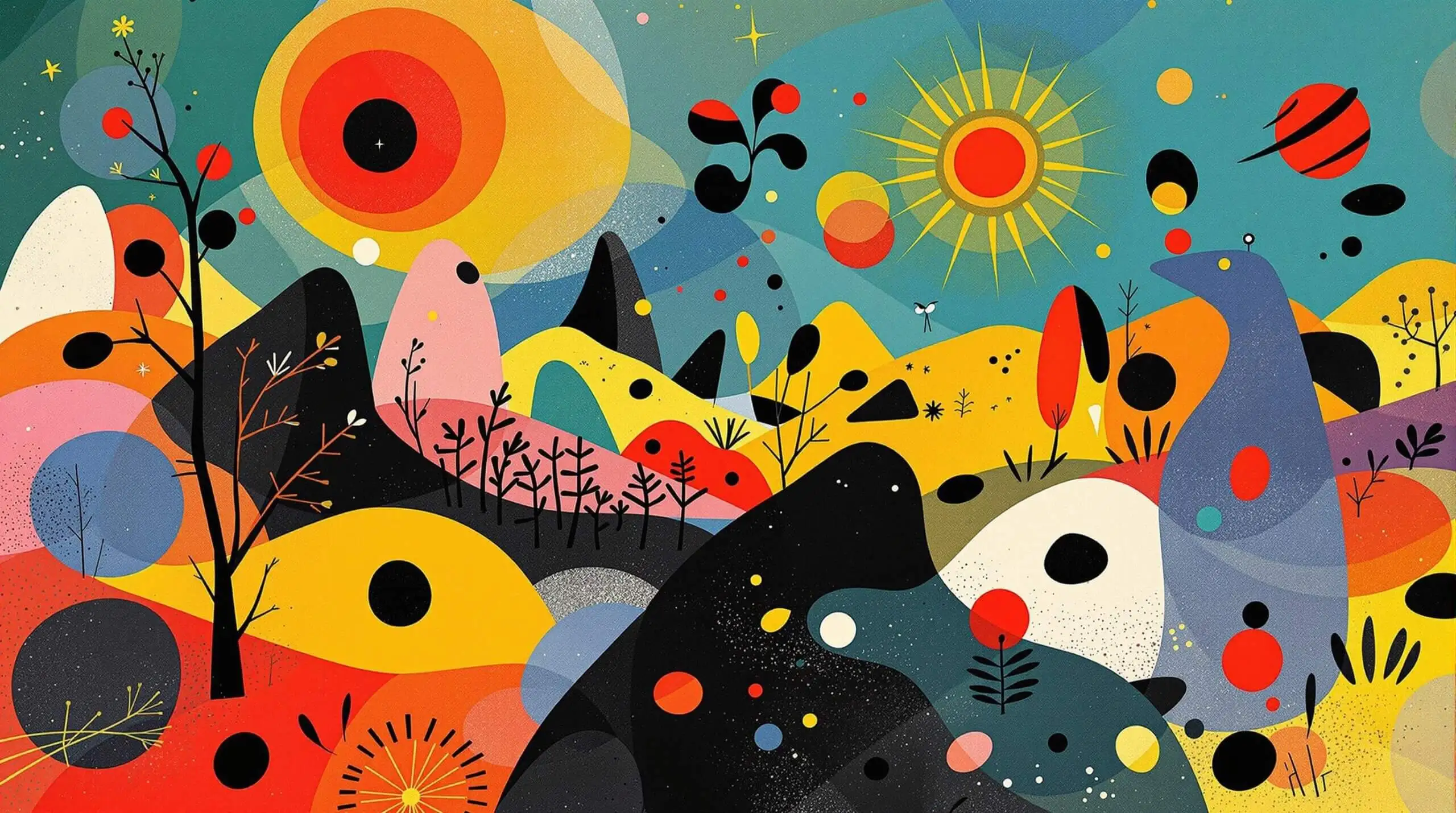 An abstract landscape with vibrant, whimsical shapes depicting a region known for long life, inspired by Joan Miró's style.