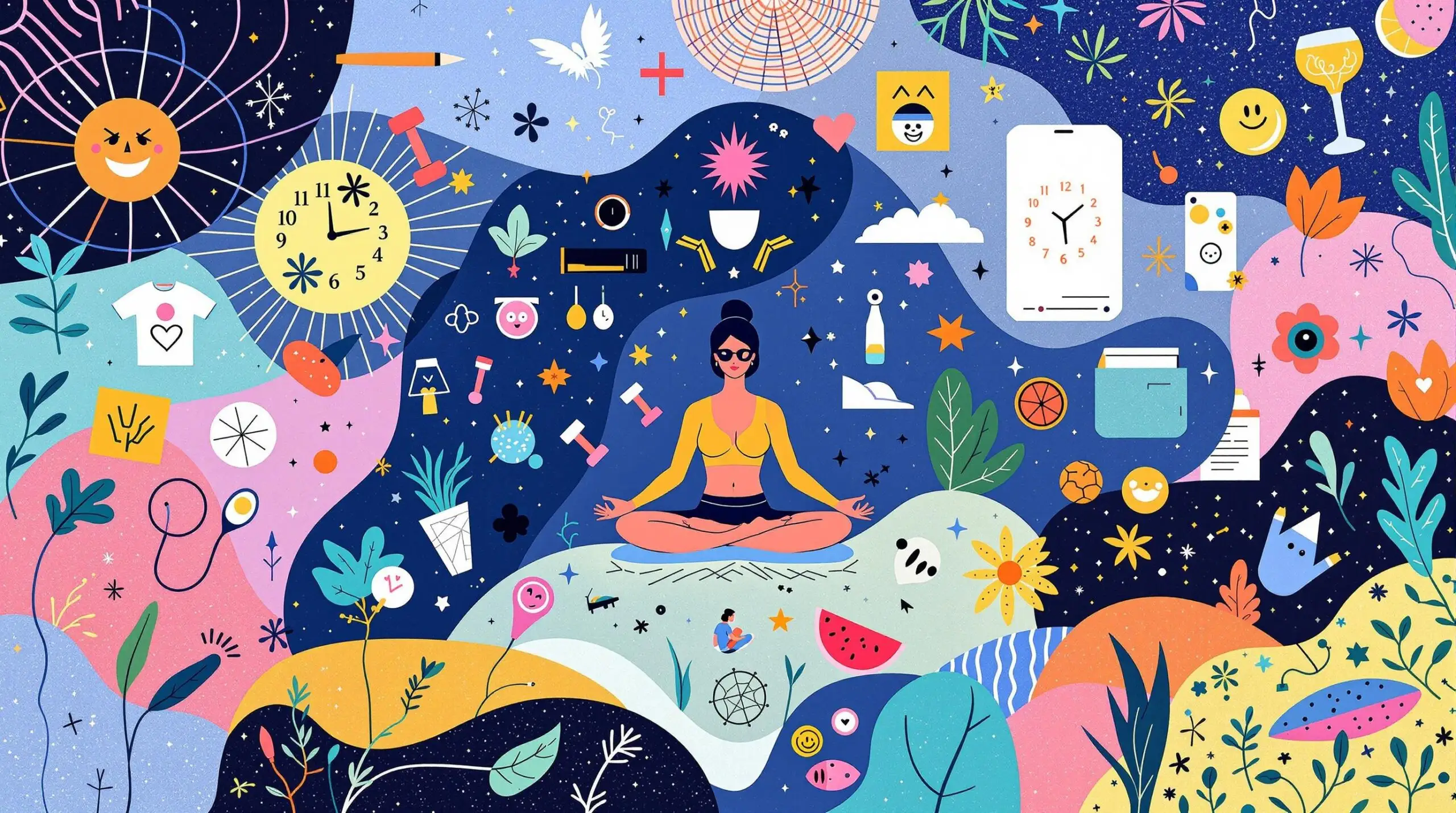 Collage illustration of biohacking activities with meditation, exercise, and healthy eating.