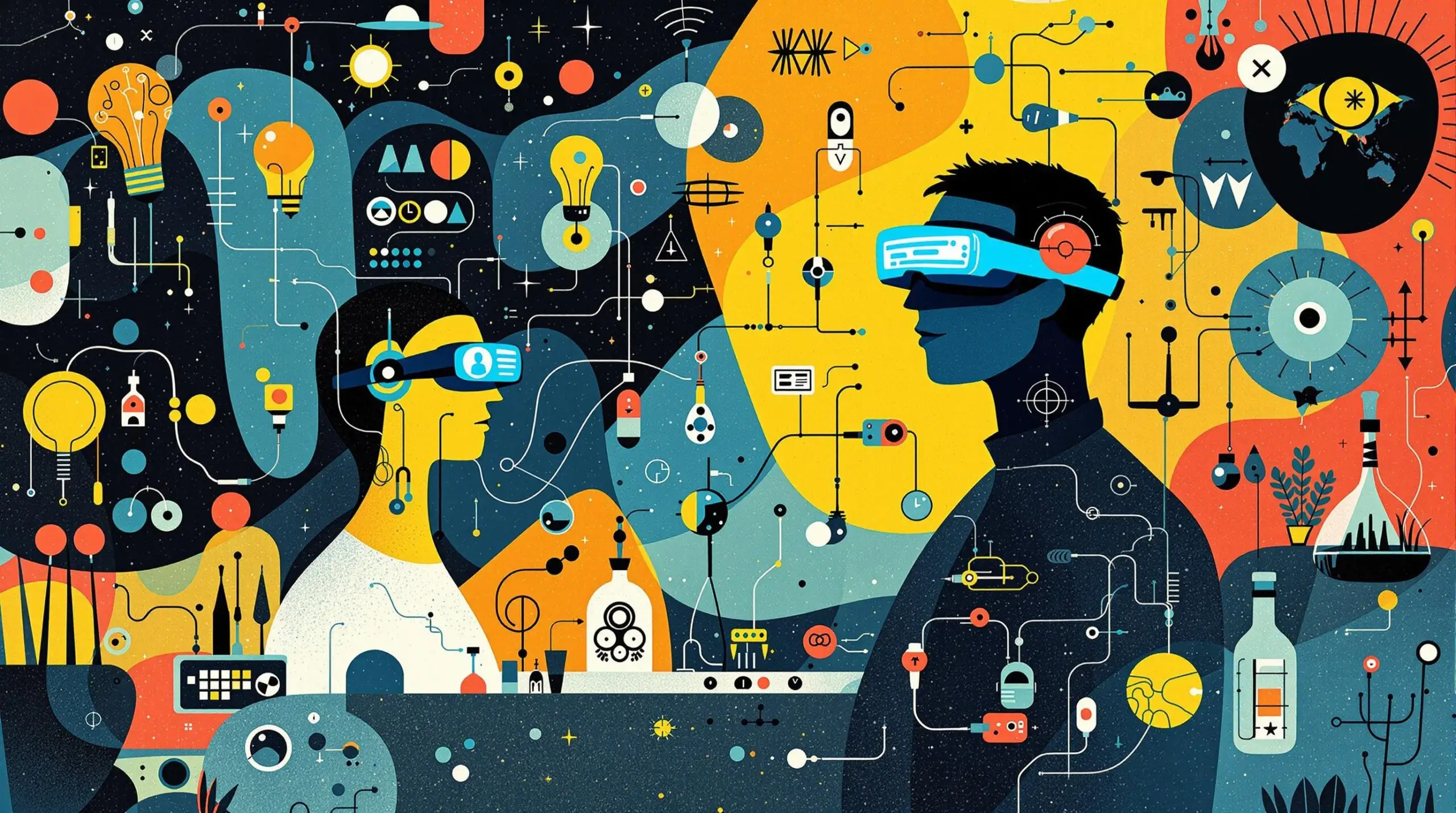 Futuristic laboratory with a person using augmented reality glasses for biohacking health data.