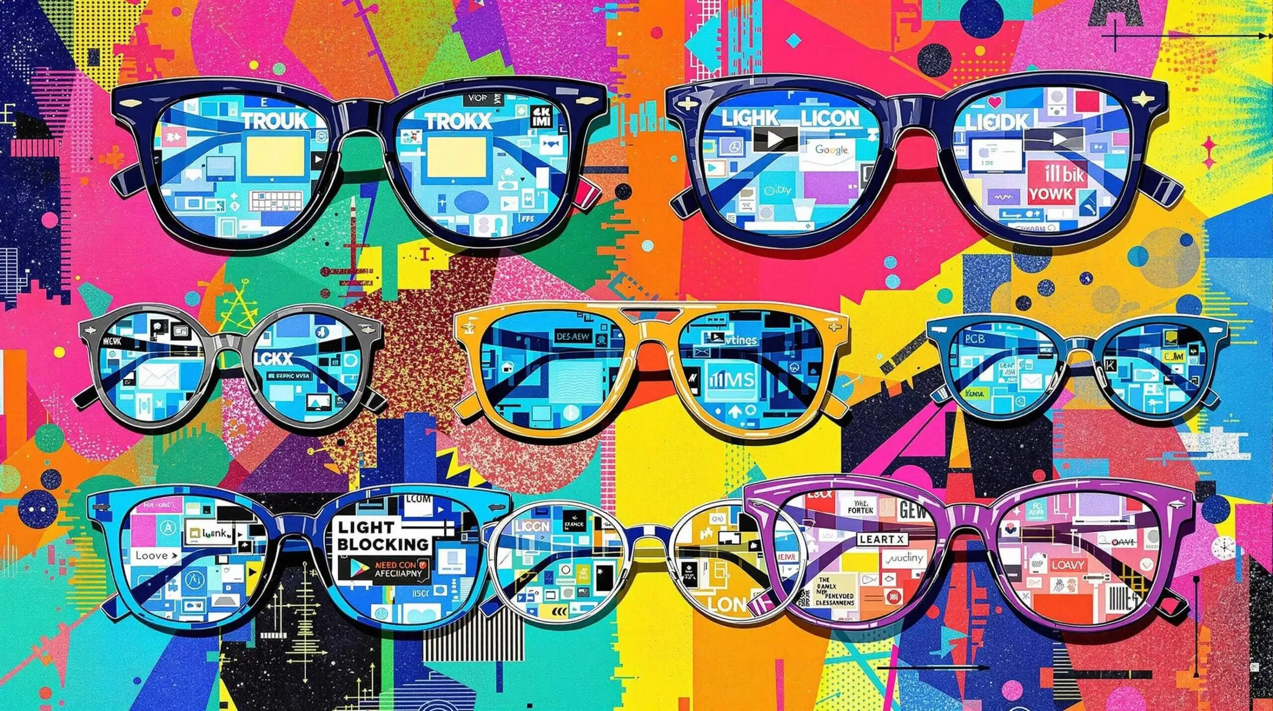 Collage illustration of various blue light blocking glasses on an abstract background.