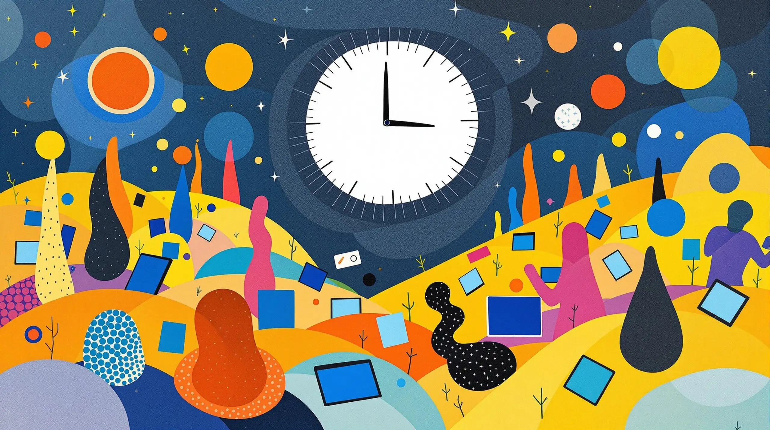 A distorted clock and screens illustrating blue light's impact on sleep cycles.