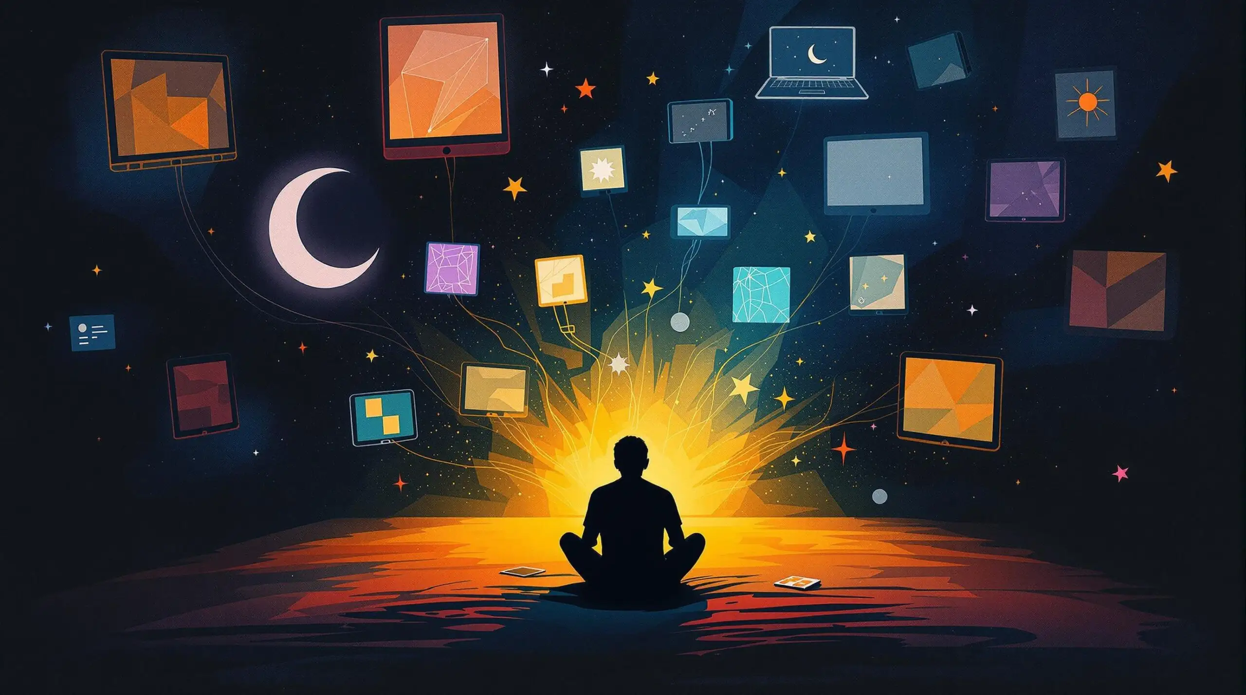 A person surrounded by glowing screens and abstract shapes symbolizing the impact of blue light on sleep and aging.