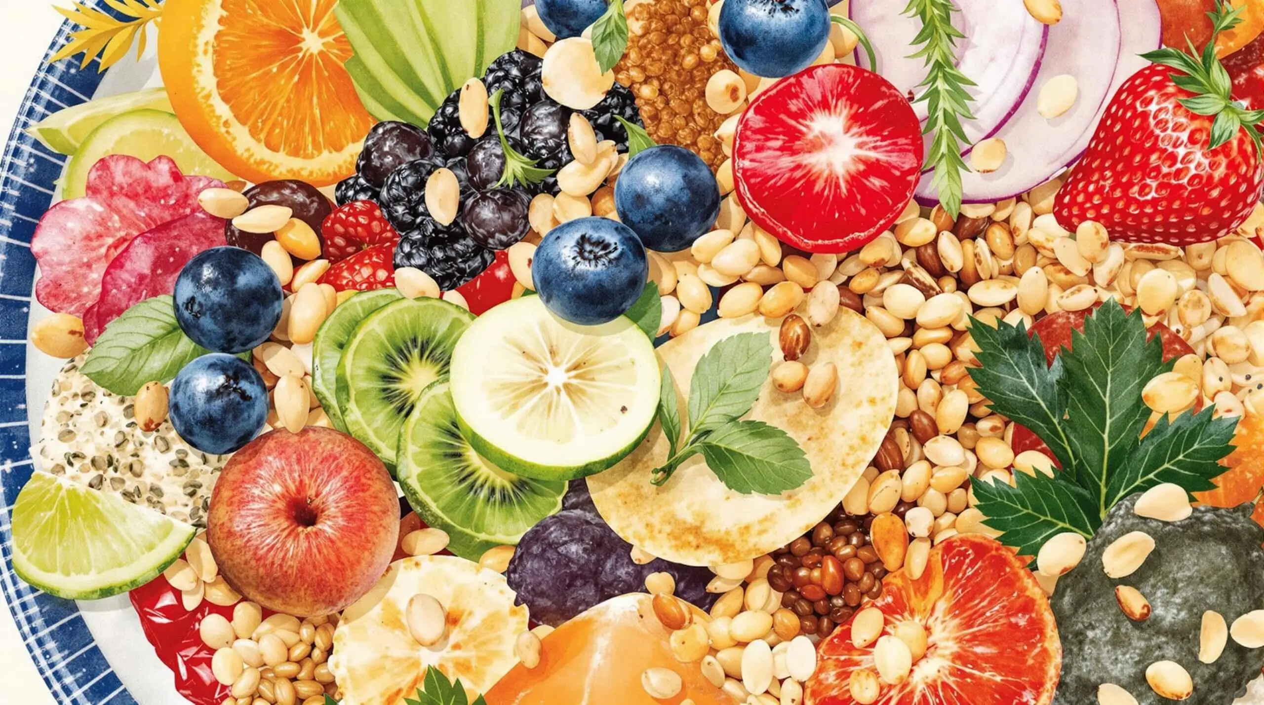 An artistic collage of a diverse Blue Zone meal with fruits, vegetables, nuts, and grains.