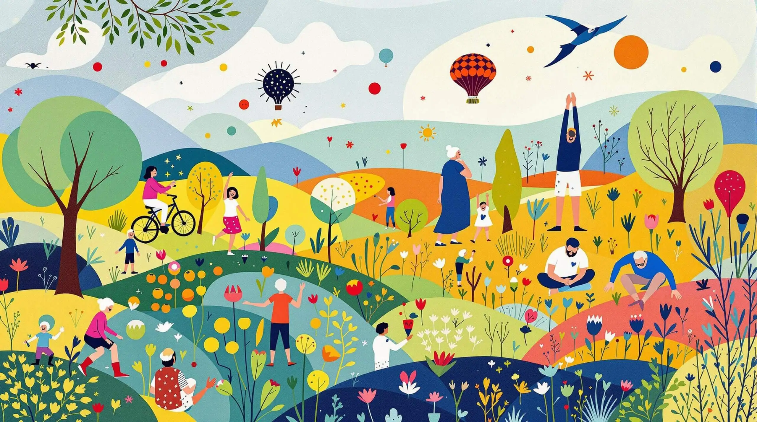People engaging in gardening, cycling, and yoga in an abstract, colorful landscape.