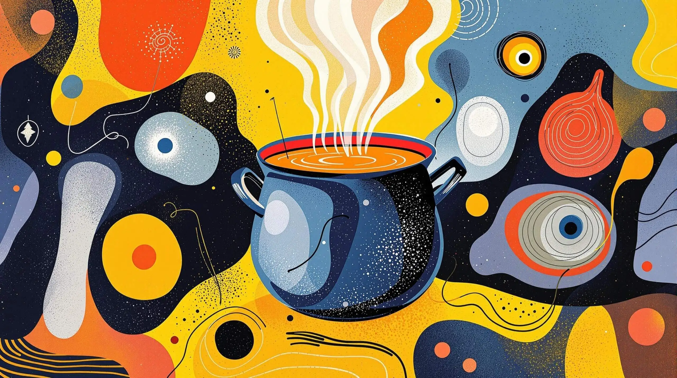 Illustration of bone broth with abstract shapes and collagen representations in vibrant colors.