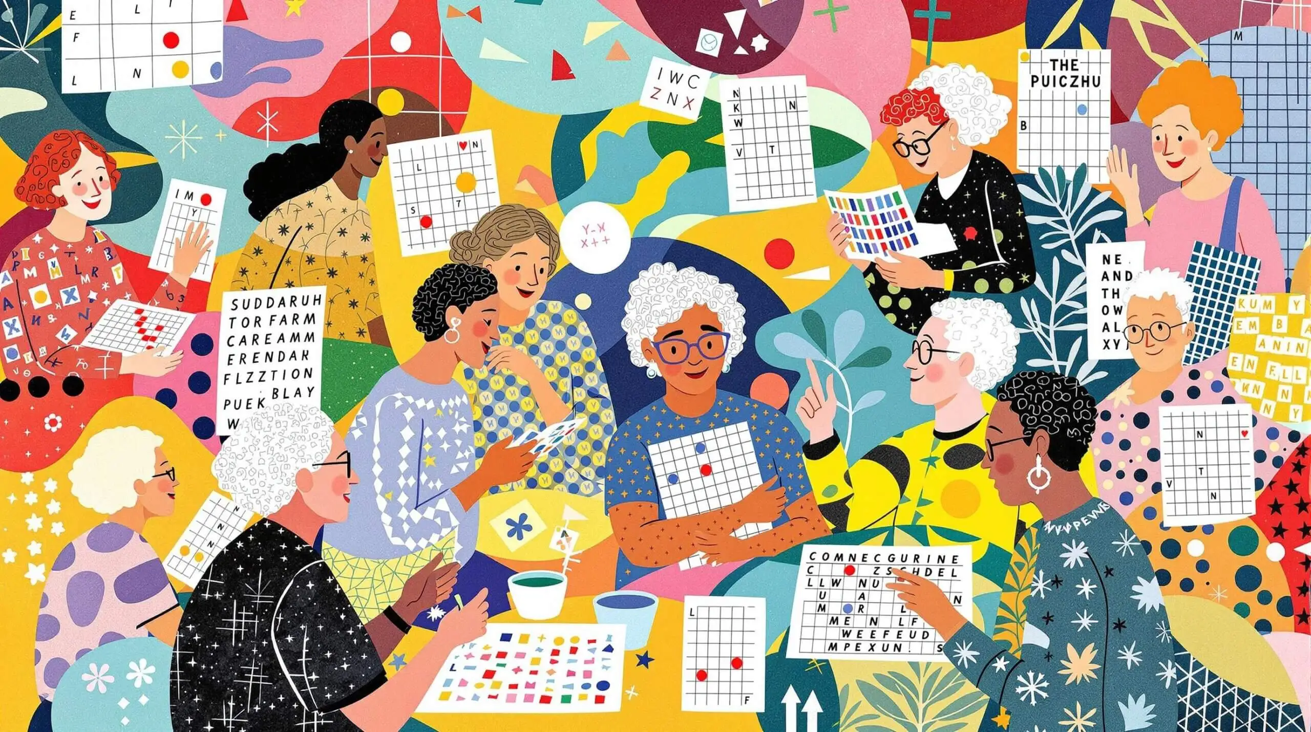 Collage of seniors playing brain games, surrounded by abstract shapes and colorful patterns.