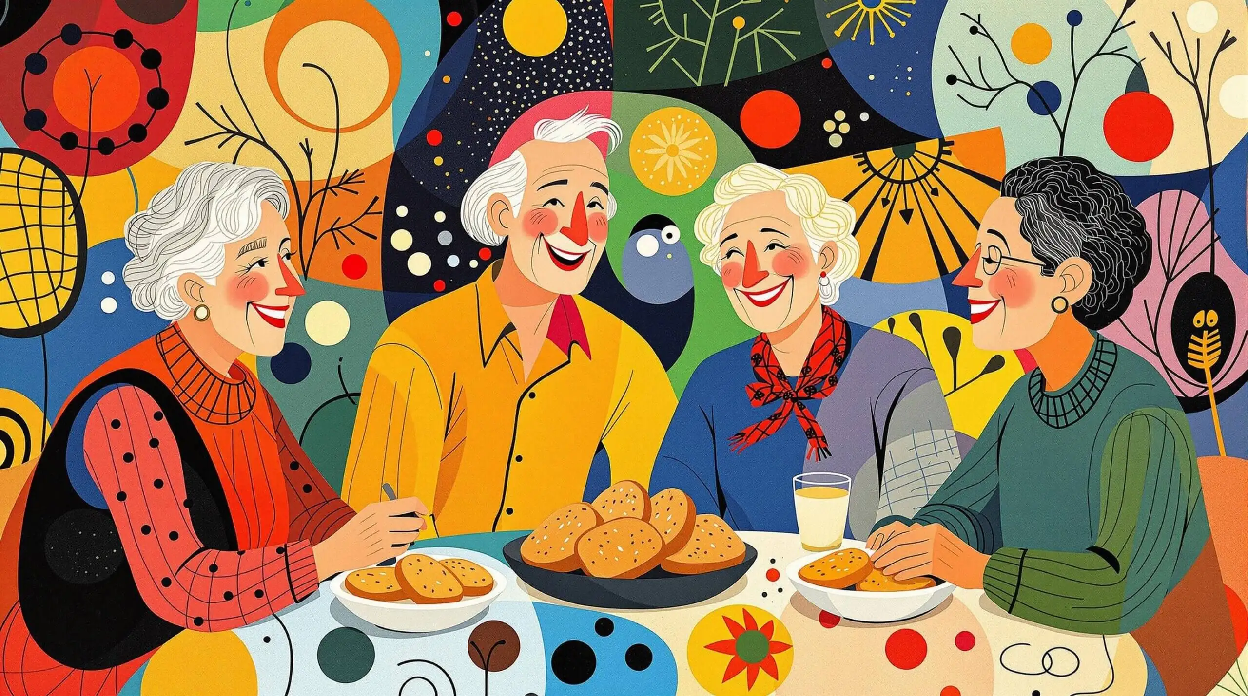 An artistic illustration of older adults enjoying sourdough bread at a lively, abstract-patterned table in the style of Joan Miró.