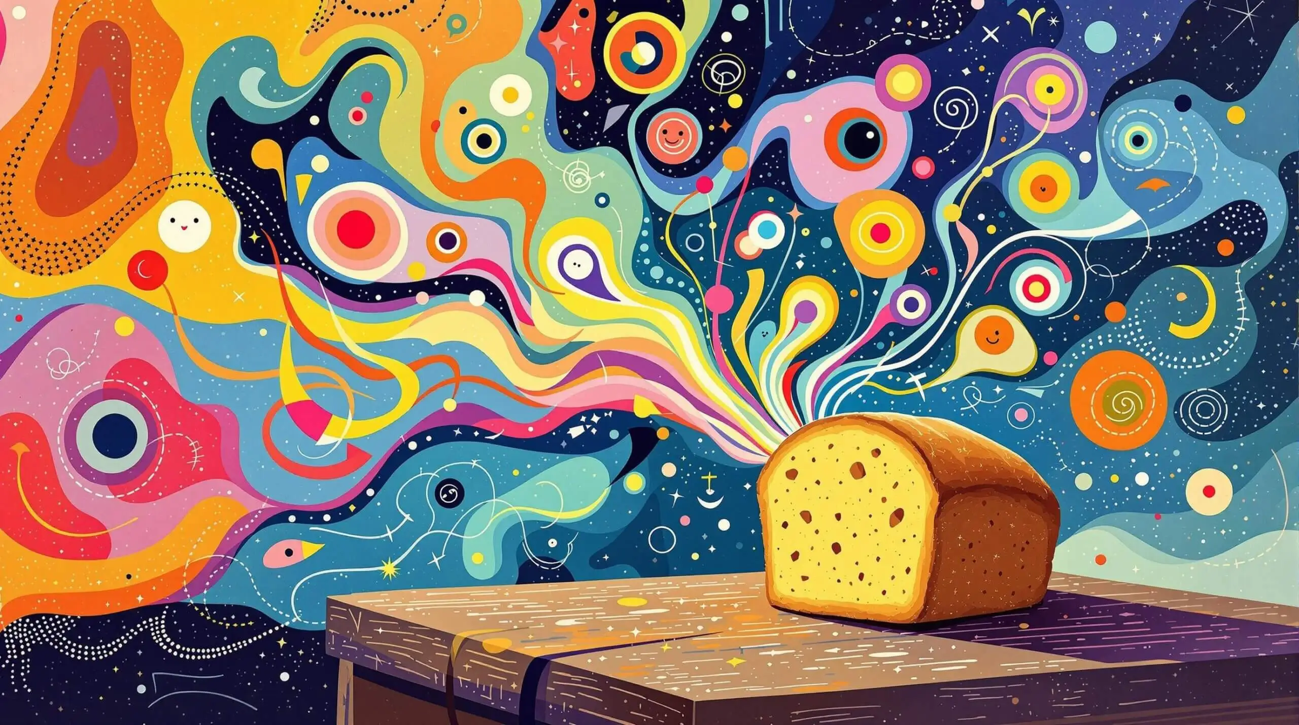 A vibrant illustration of a sourdough loaf with abstract shapes symbolizing gut health, inspired by Wassily Kandinsky's style.