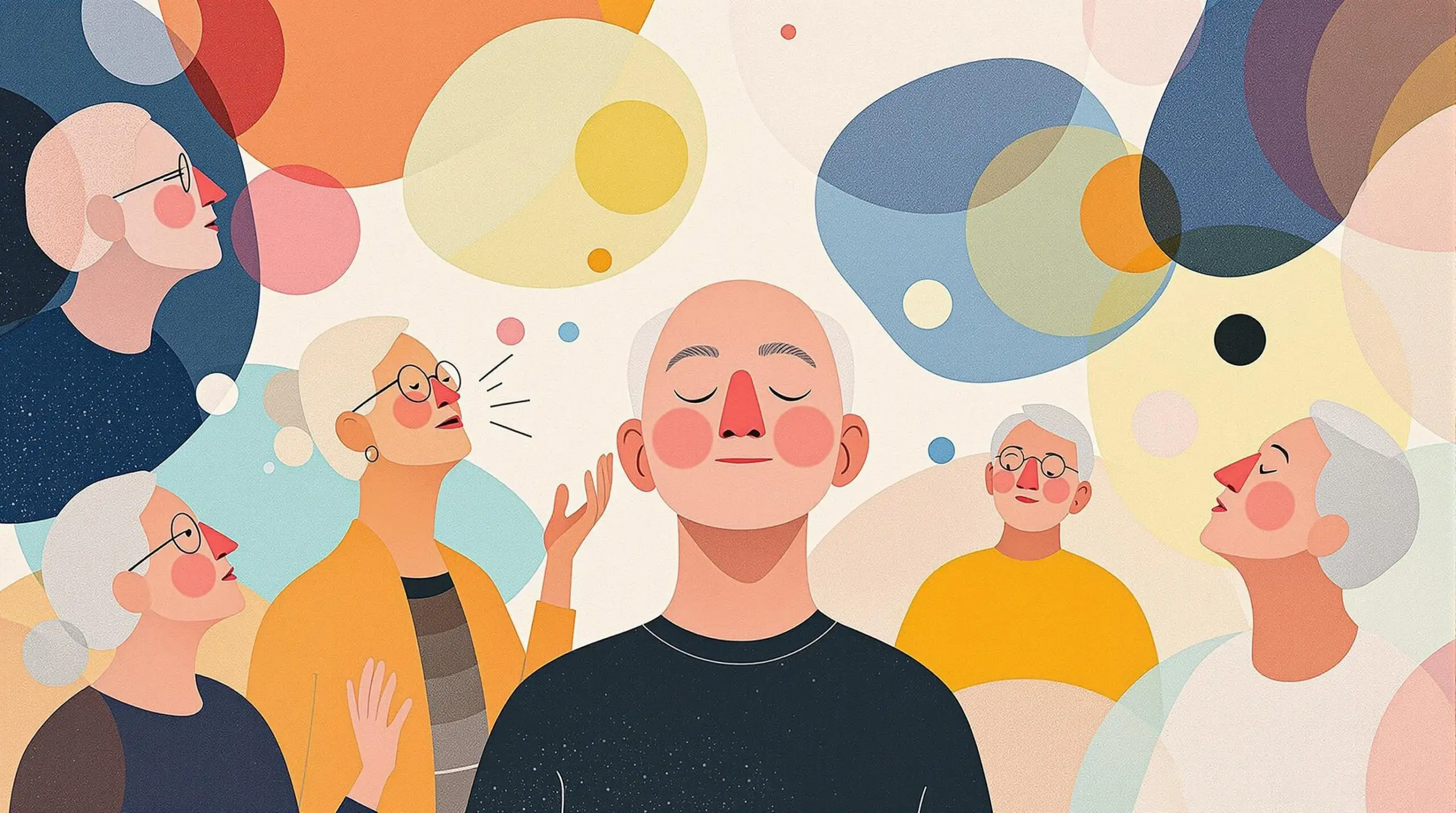 Seniors in an abstract collage practicing breathwork techniques surrounded by shapes symbolizing breath.