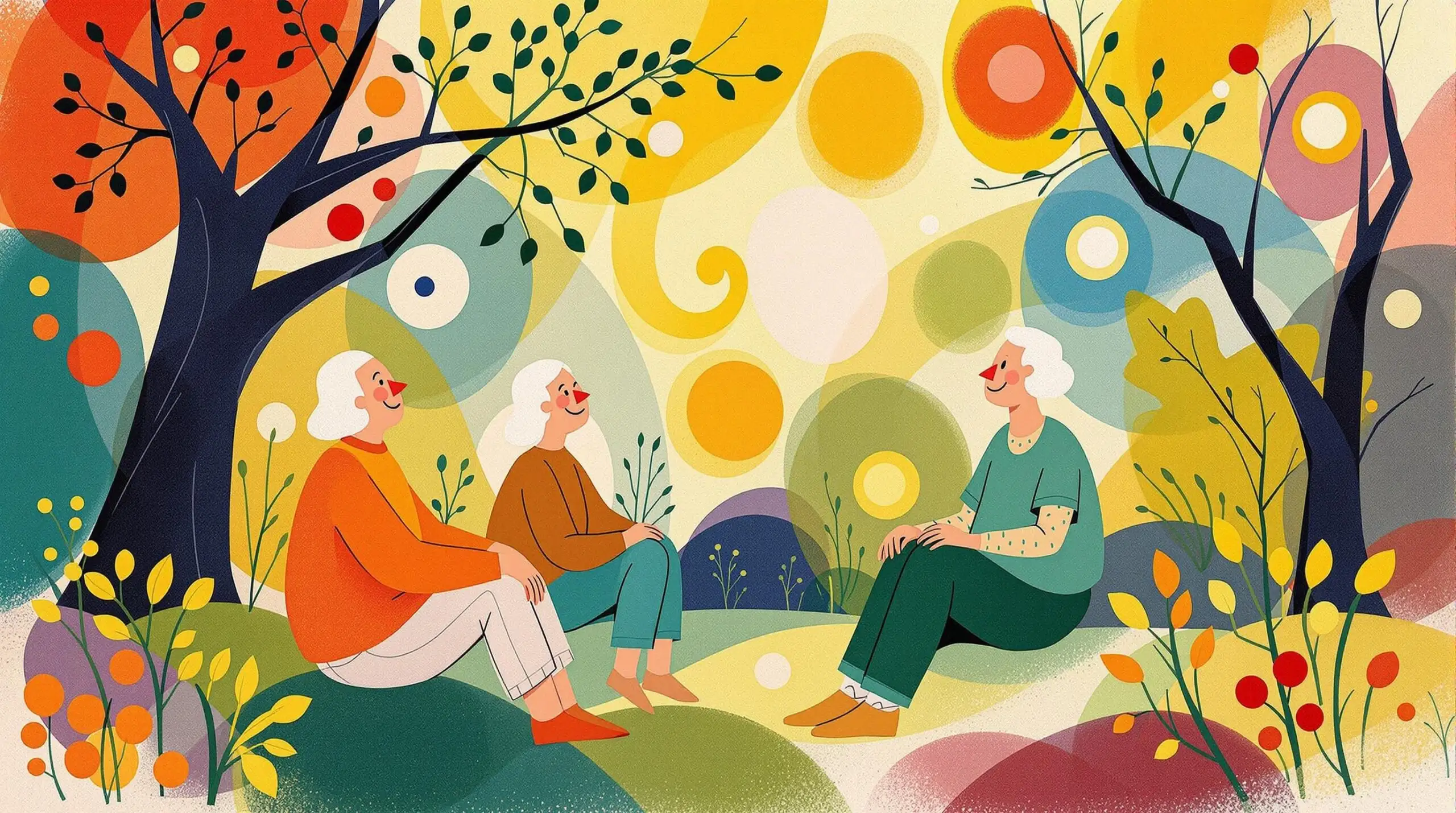 Seniors sitting in a garden practicing breathwork exercises with abstract patterns in the style of Joan Miró.