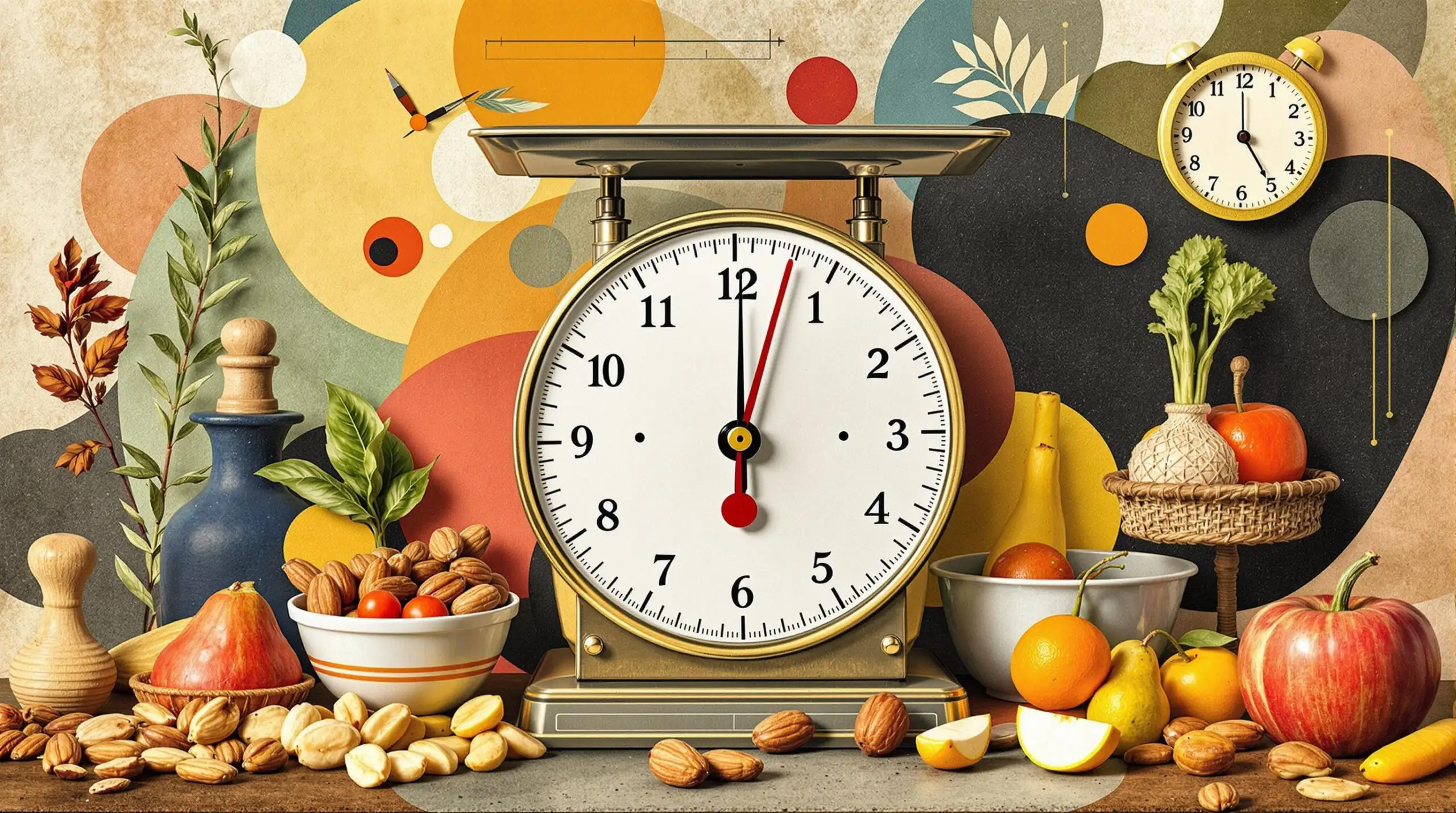 A collage featuring small food portions, a weighing scale, and a clock, representing caloric restriction.