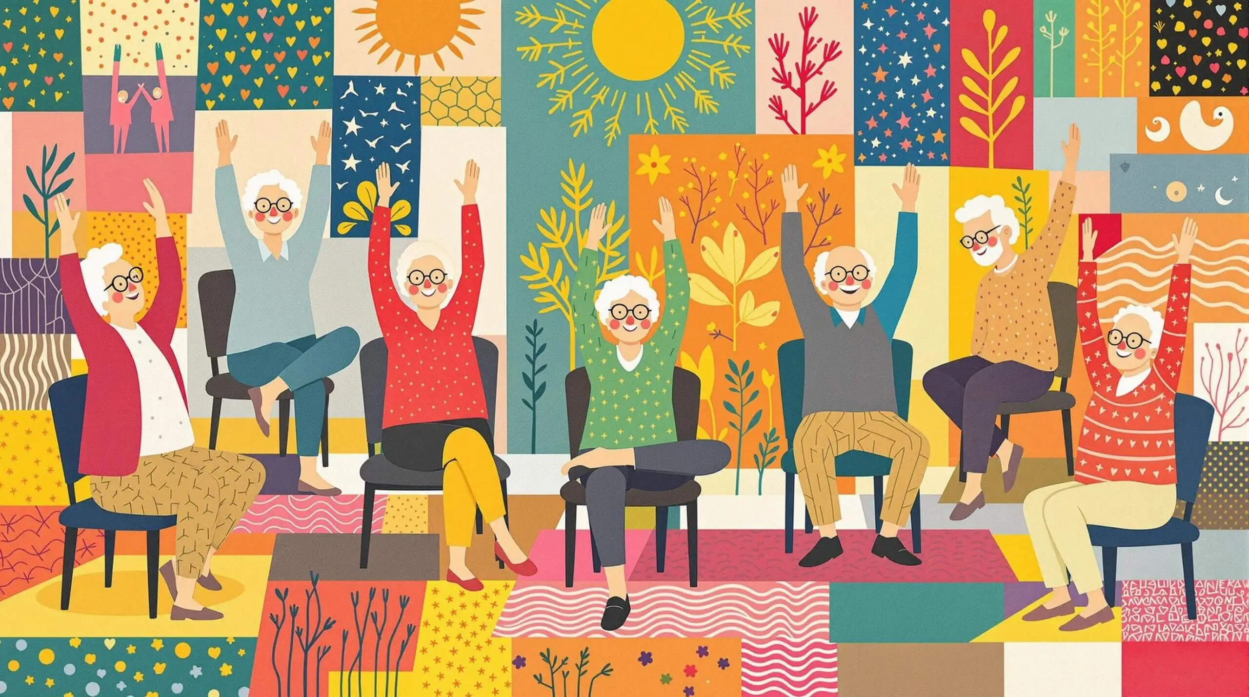 A diverse group of seniors practicing chair yoga with a collage-style background