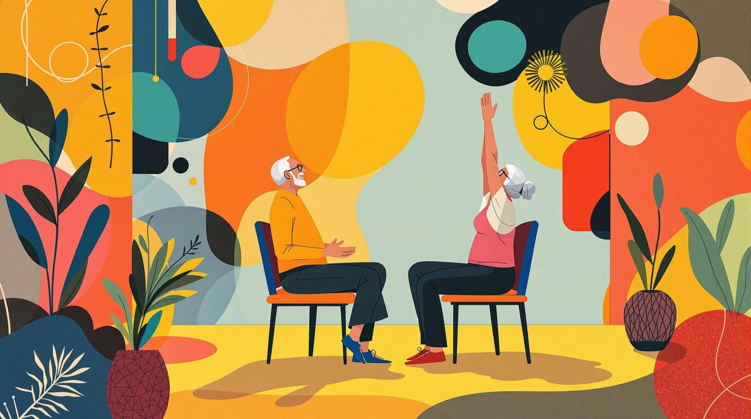 An elderly man and woman practicing chair yoga with vibrant abstract shapes in the background