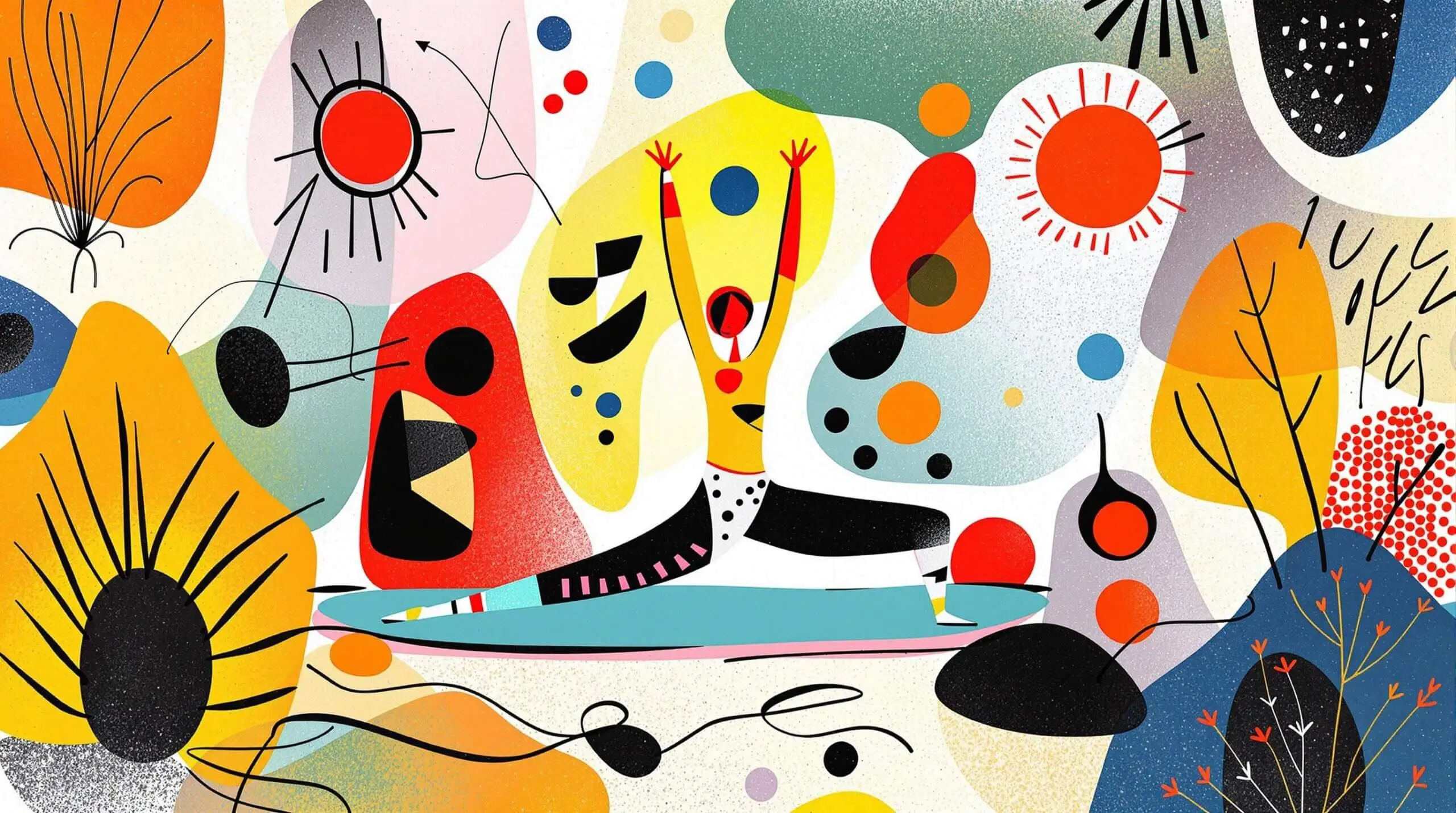 A person doing yoga in a colorful, abstract setting with dynamic shapes.