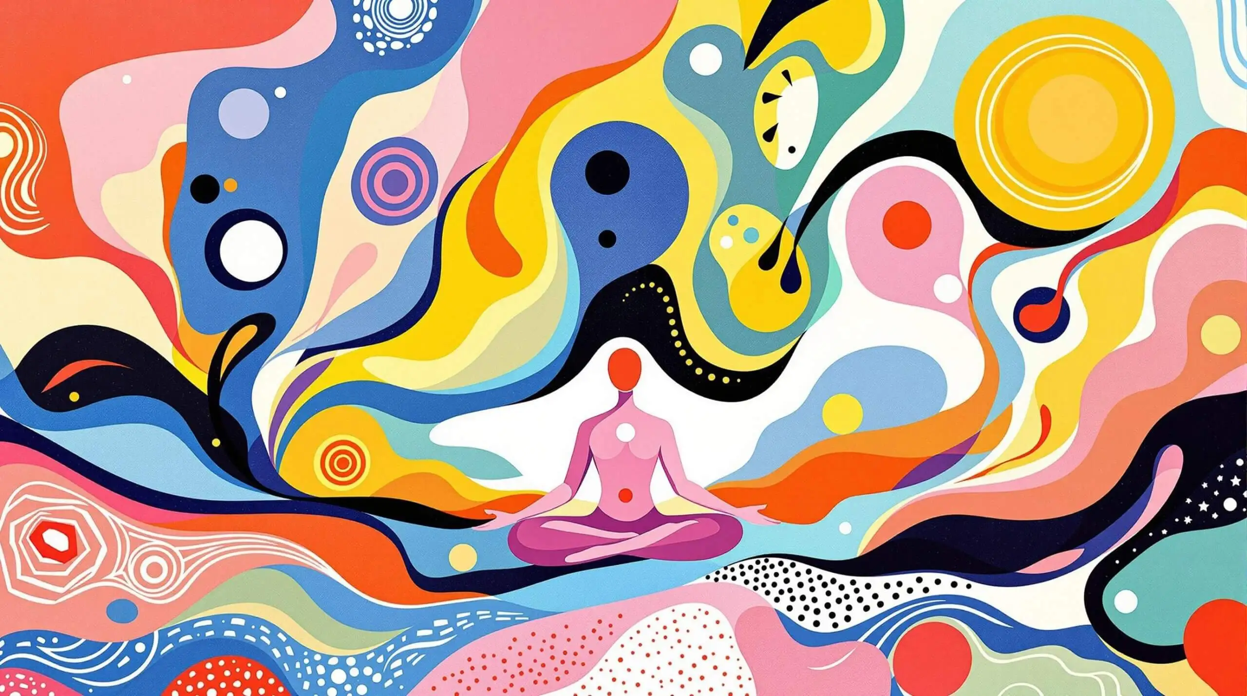 A person meditating in a colorful, abstract landscape with flowing shapes.