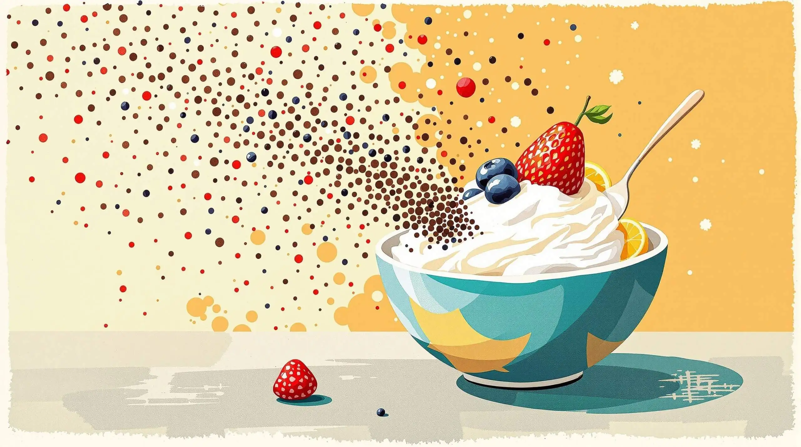 A collage-style illustration showing chia seeds turning into a vibrant bowl of yogurt and fruit for breakfast.