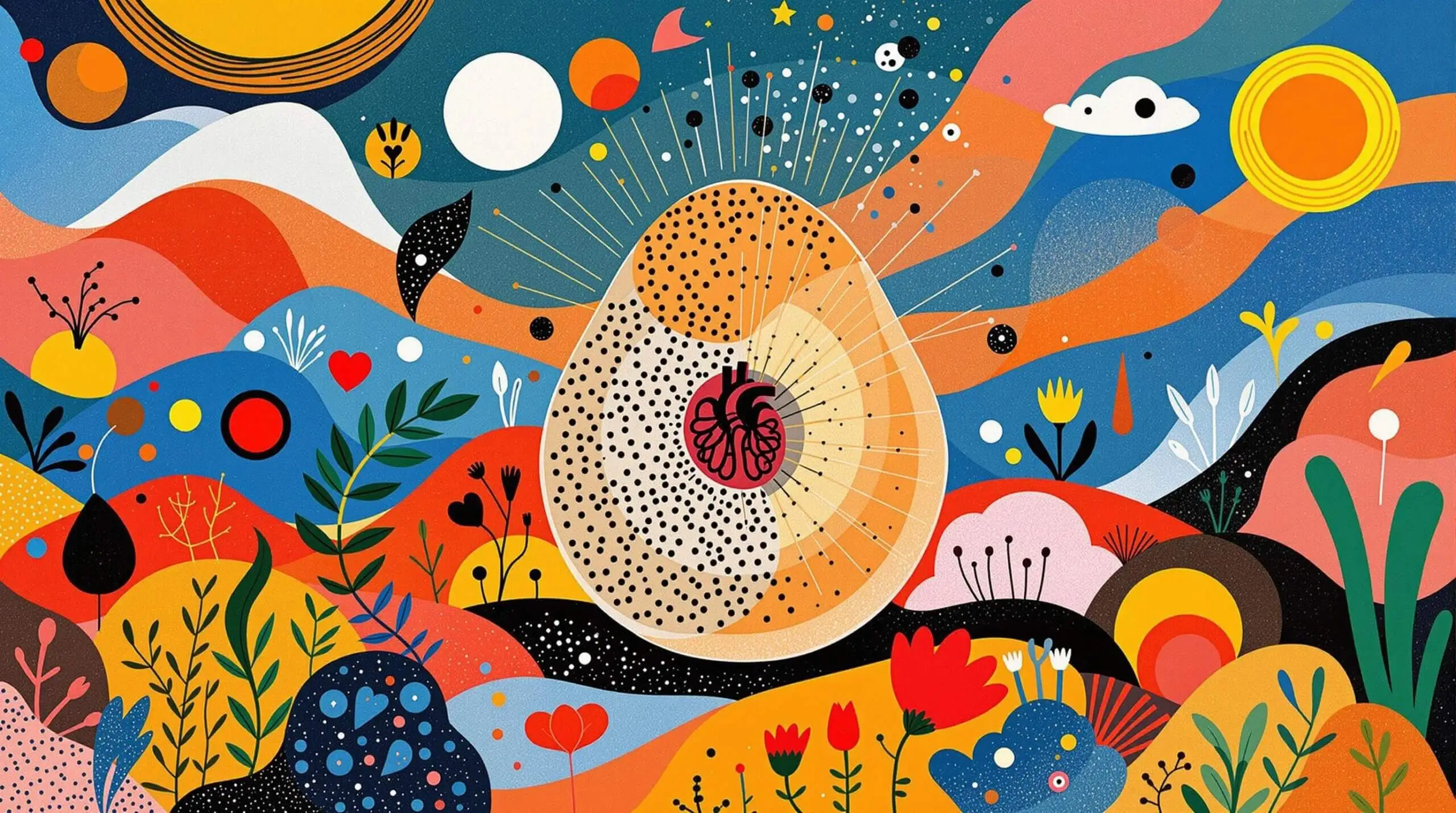 An artistic illustration showcasing a large, energetic chia seed with elements representing health, surrounded by vibrant natural forms.