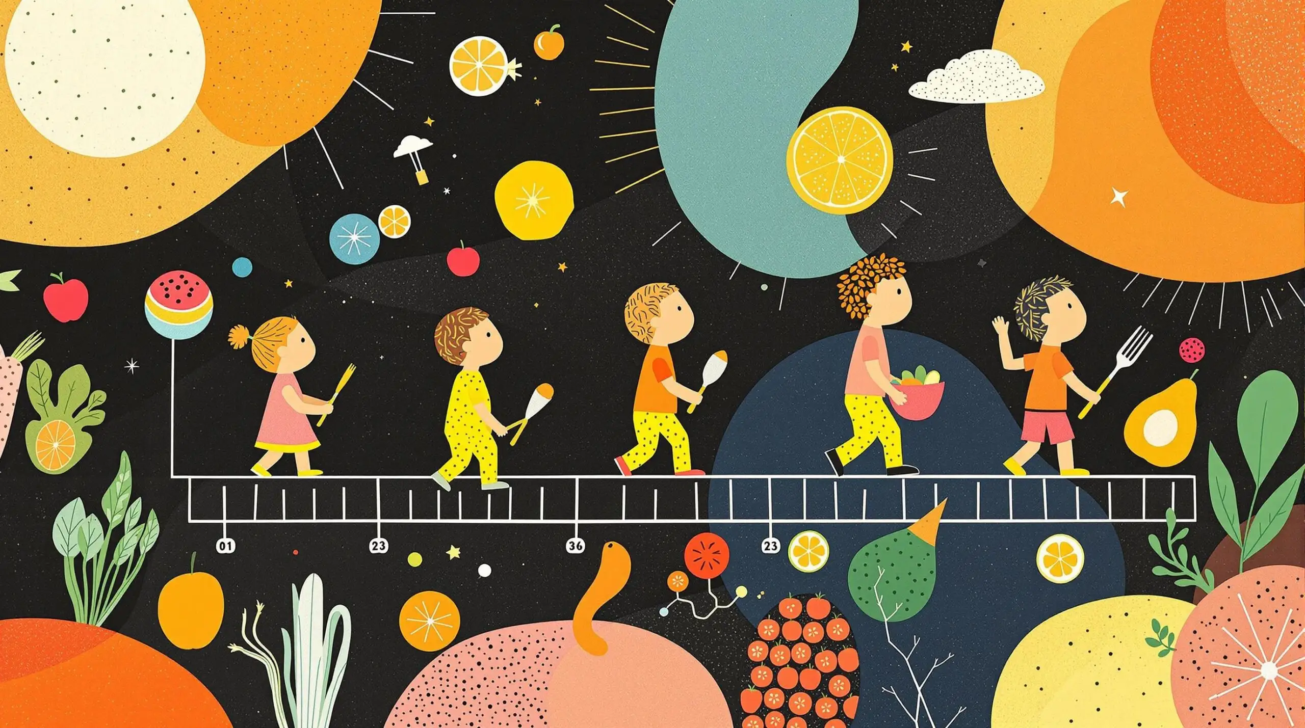 A collage illustration showing childhood development stages with healthy meals, inspired by Richard Hamilton.