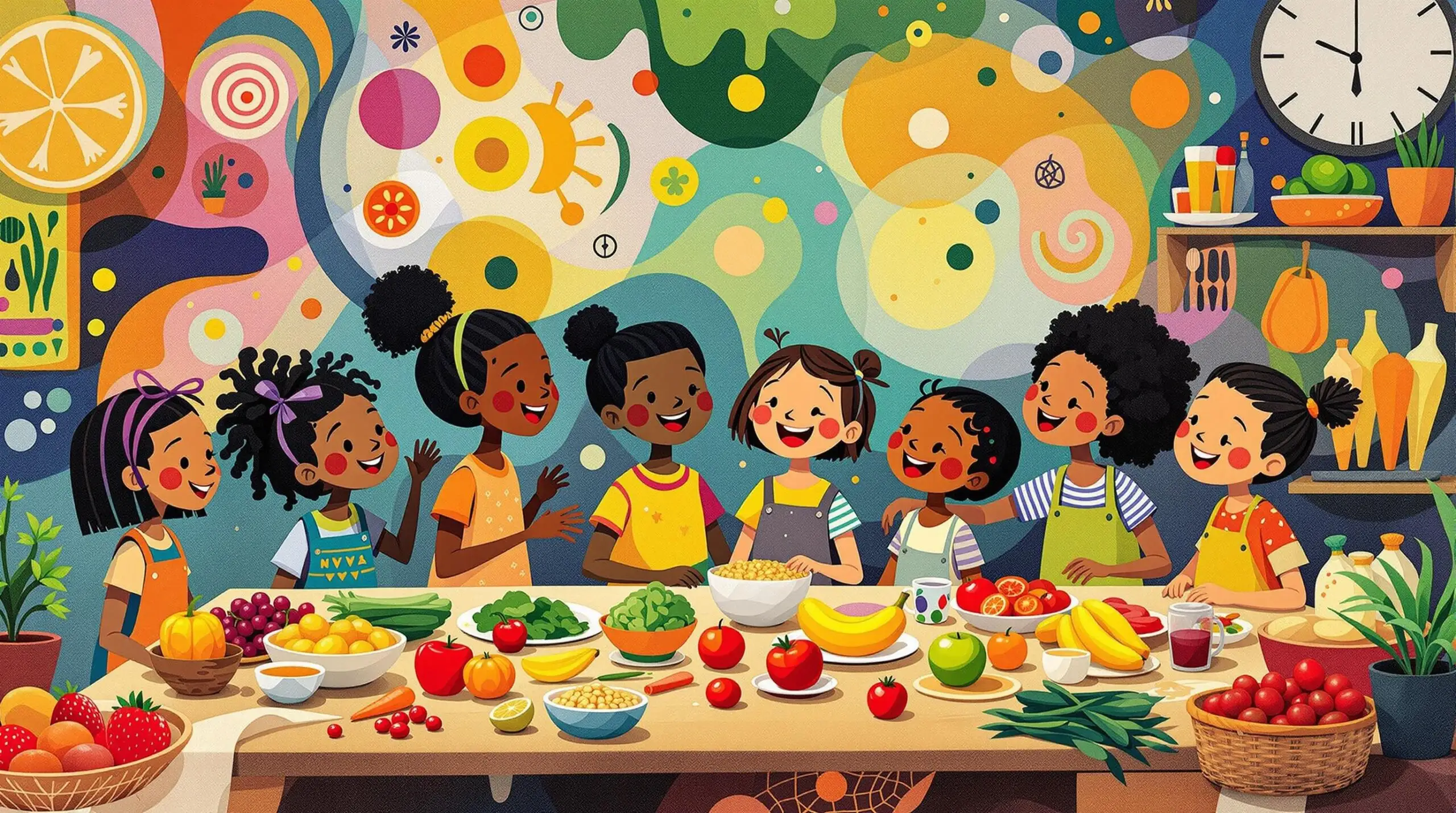 Artistic depiction of children in a kitchen exploring healthy food options, inspired by Joan Miró.