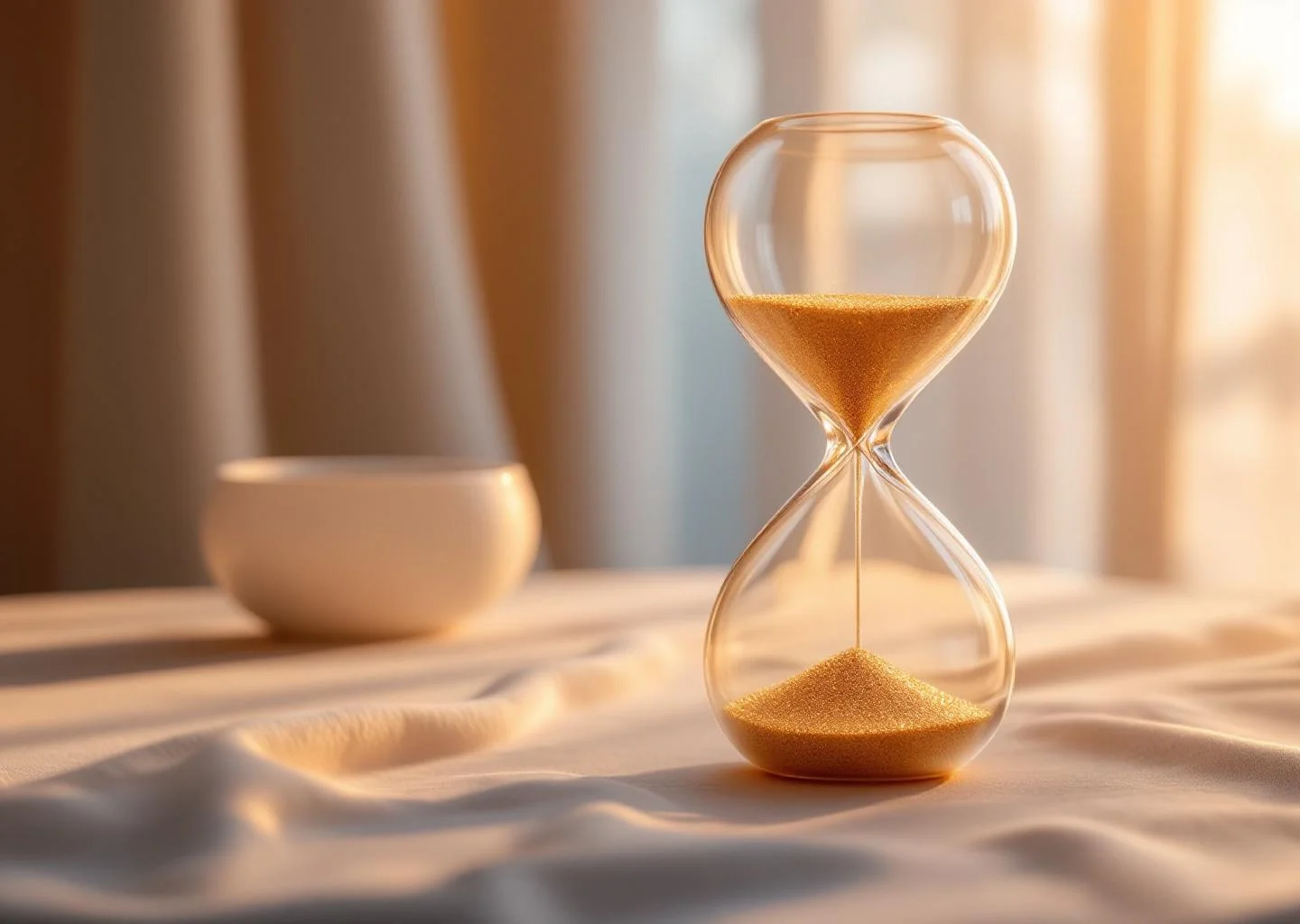 A close-up abstract image of a glass hourglass filled with glowing golden particles, symbolizing time, longevity, and the internal biological processes of health.