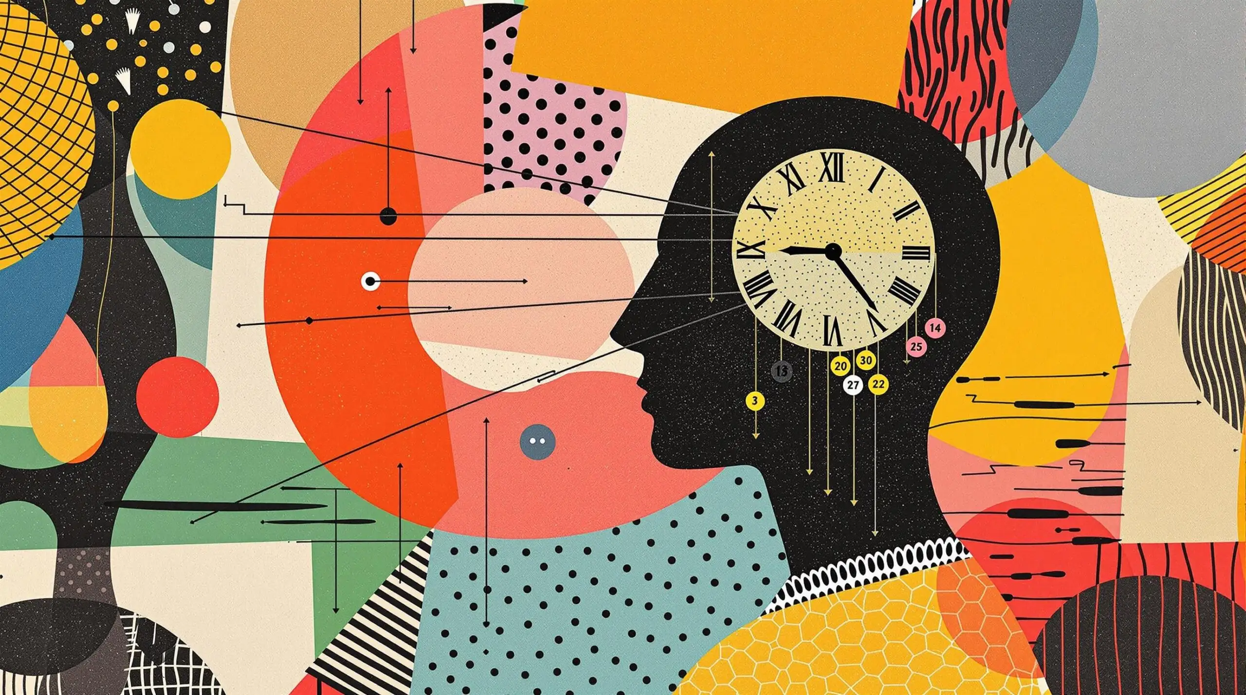 Silhouette with a clock and meals depicted abstractly, suggesting meal timing with natural rhythms