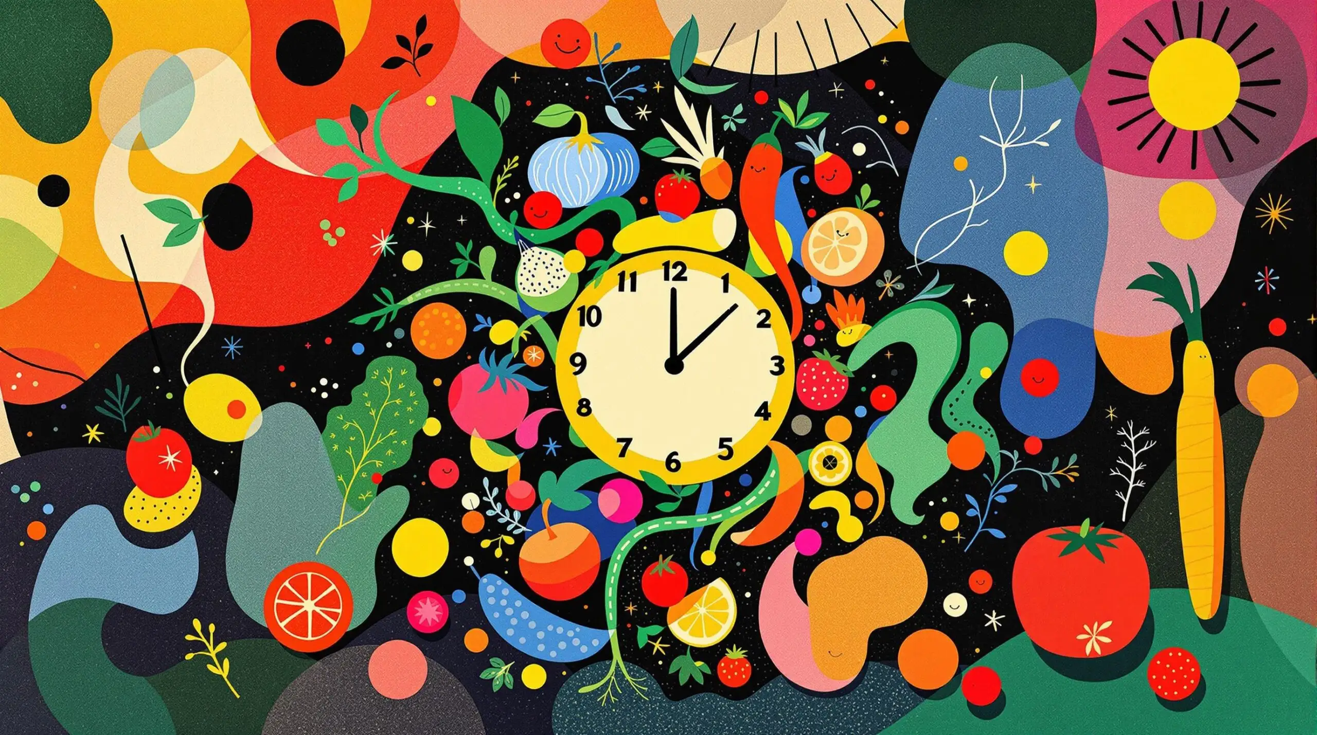 Abstract illustration of a clock with food items, symbolizing circadian fasting