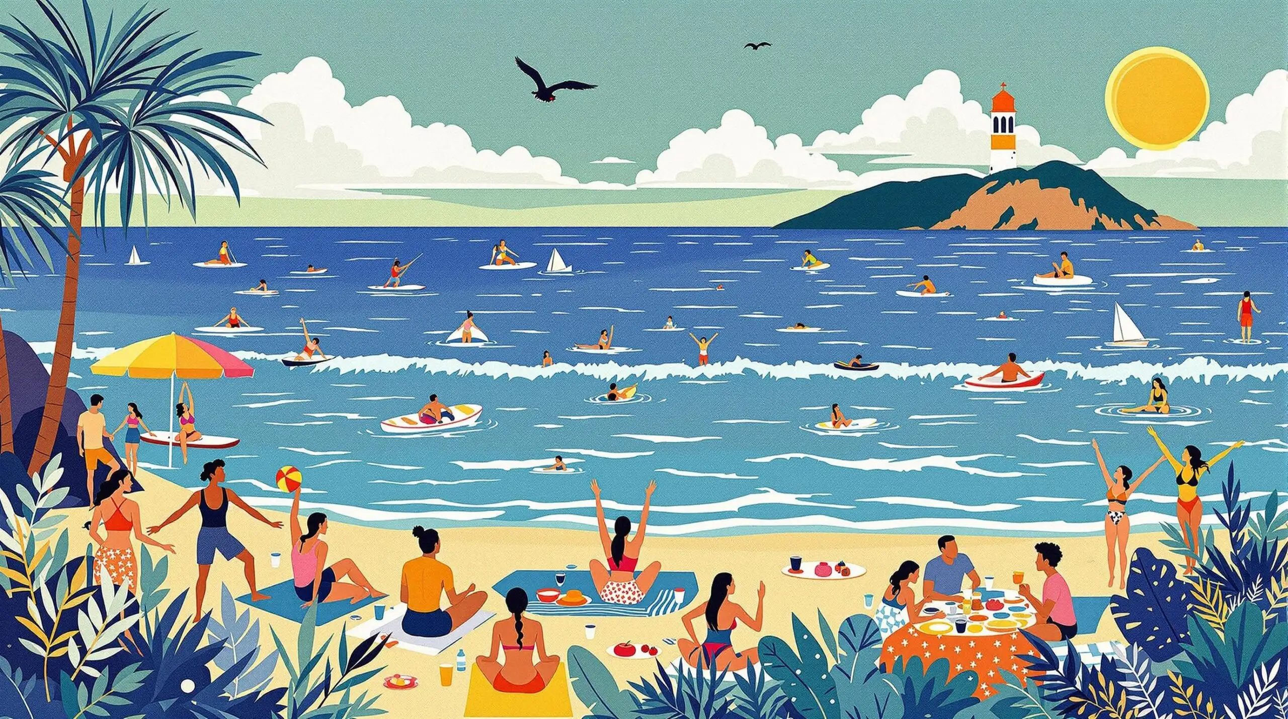 A collage illustration featuring a diverse group of people engaged in beach activities, with photorealistic and abstract components.