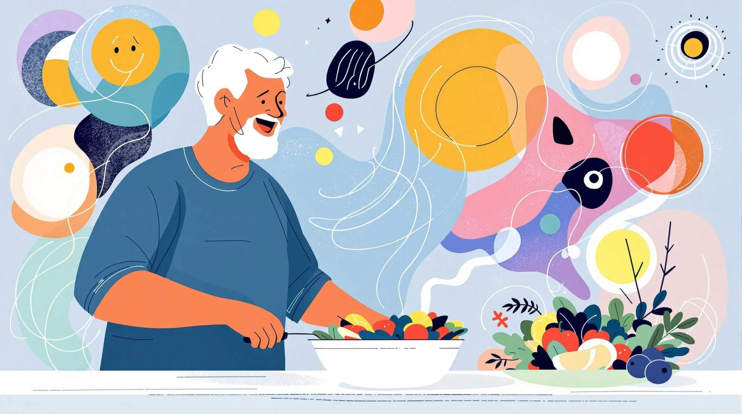 A person cooking with coconut oil in an artistic, Kandinsky-style setting.
