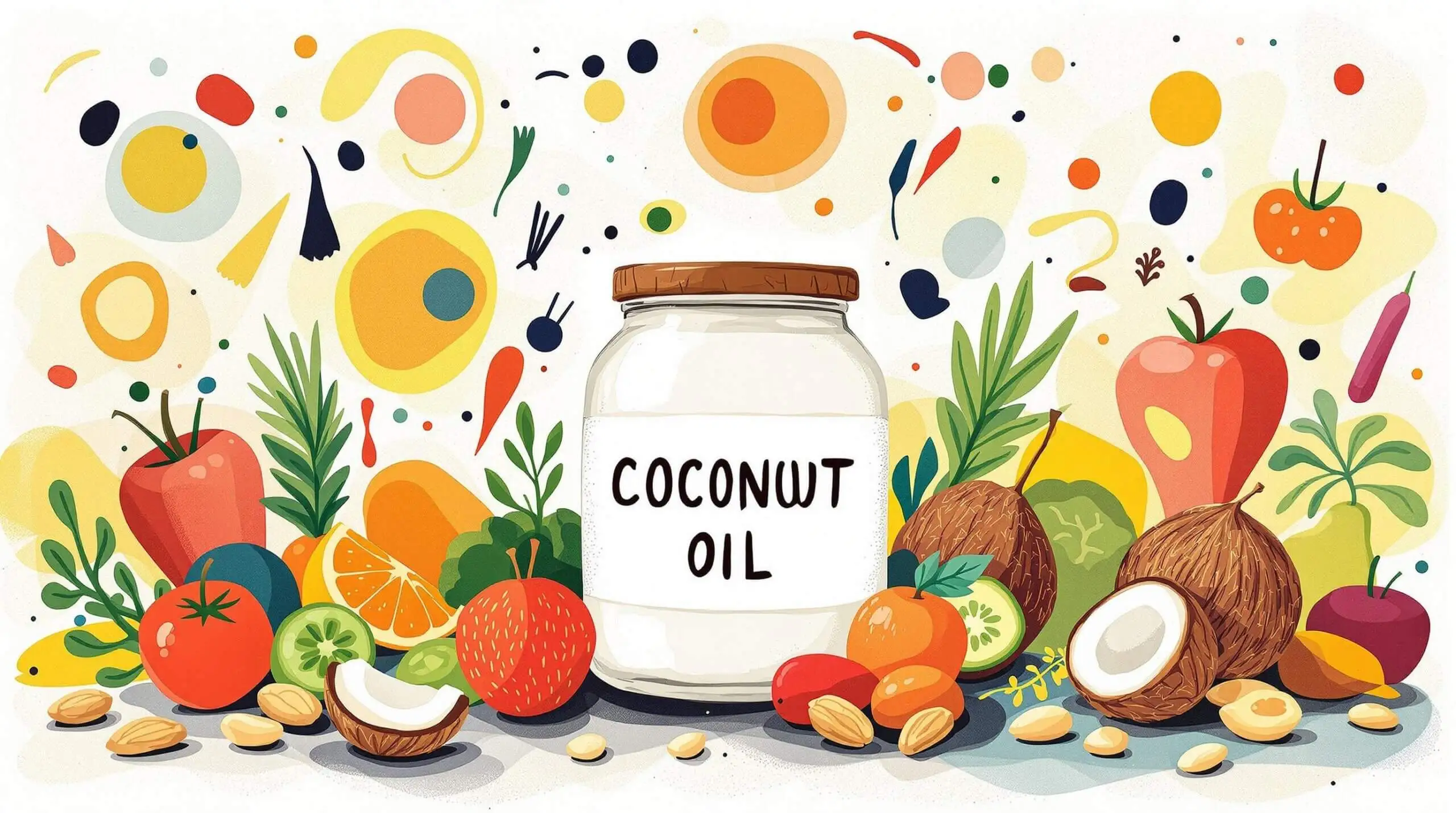 A vibrant illustration of a coconut oil jar with abstract healthy items around it.