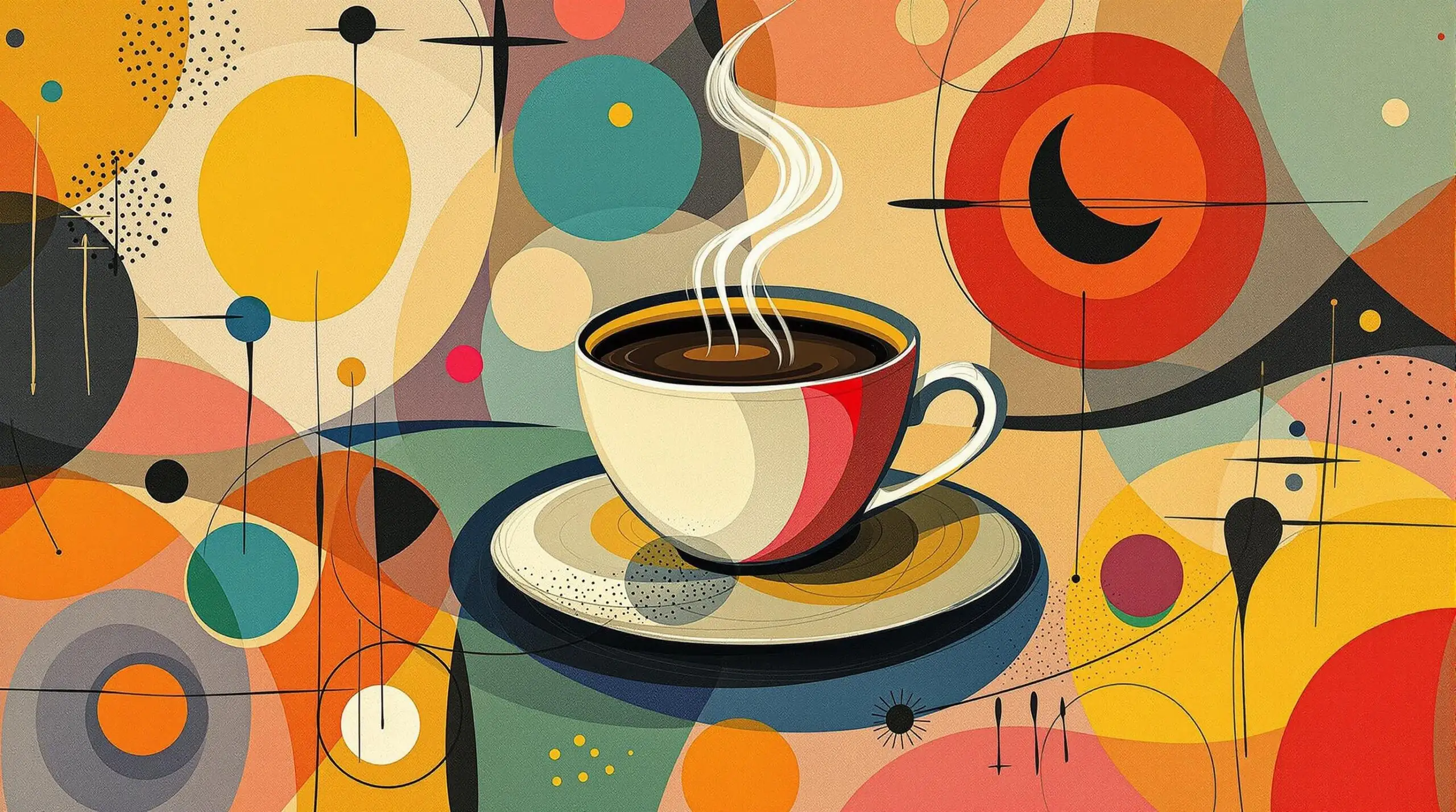 Steaming cup of coffee with abstract shapes and patterns suggesting energy.