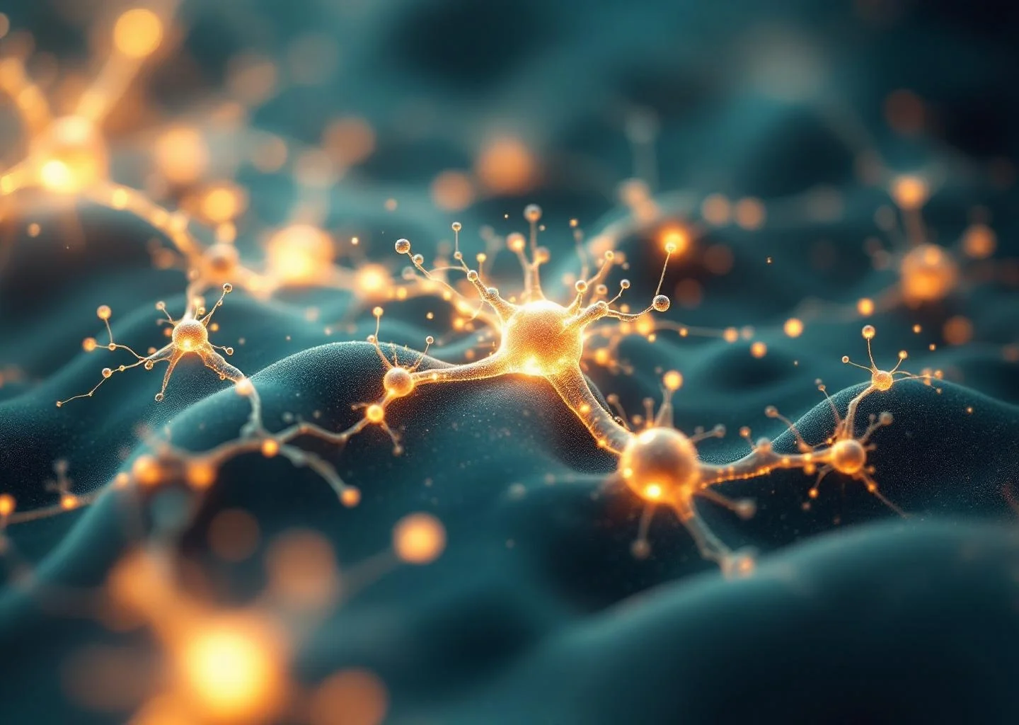 An abstract 3D visualization of glowing neural networks and synaptic connections in soft, warm tones representing brain health.