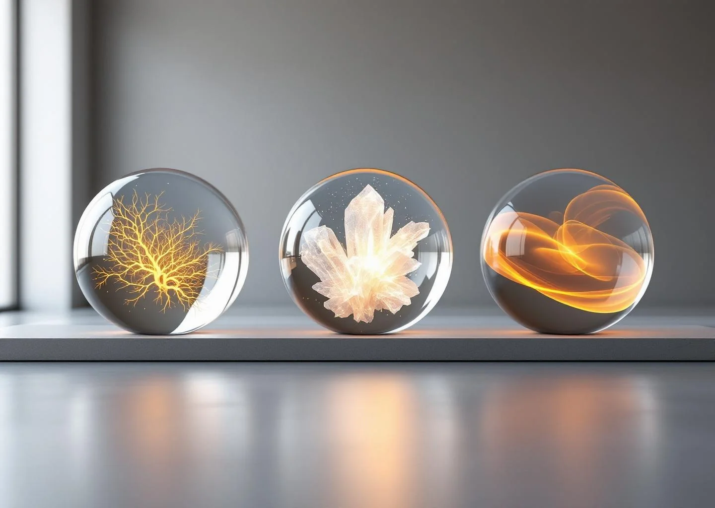 Three glowing, abstract spheres representing different biological pathways for cognitive health, arranged in a clean, professional layout.