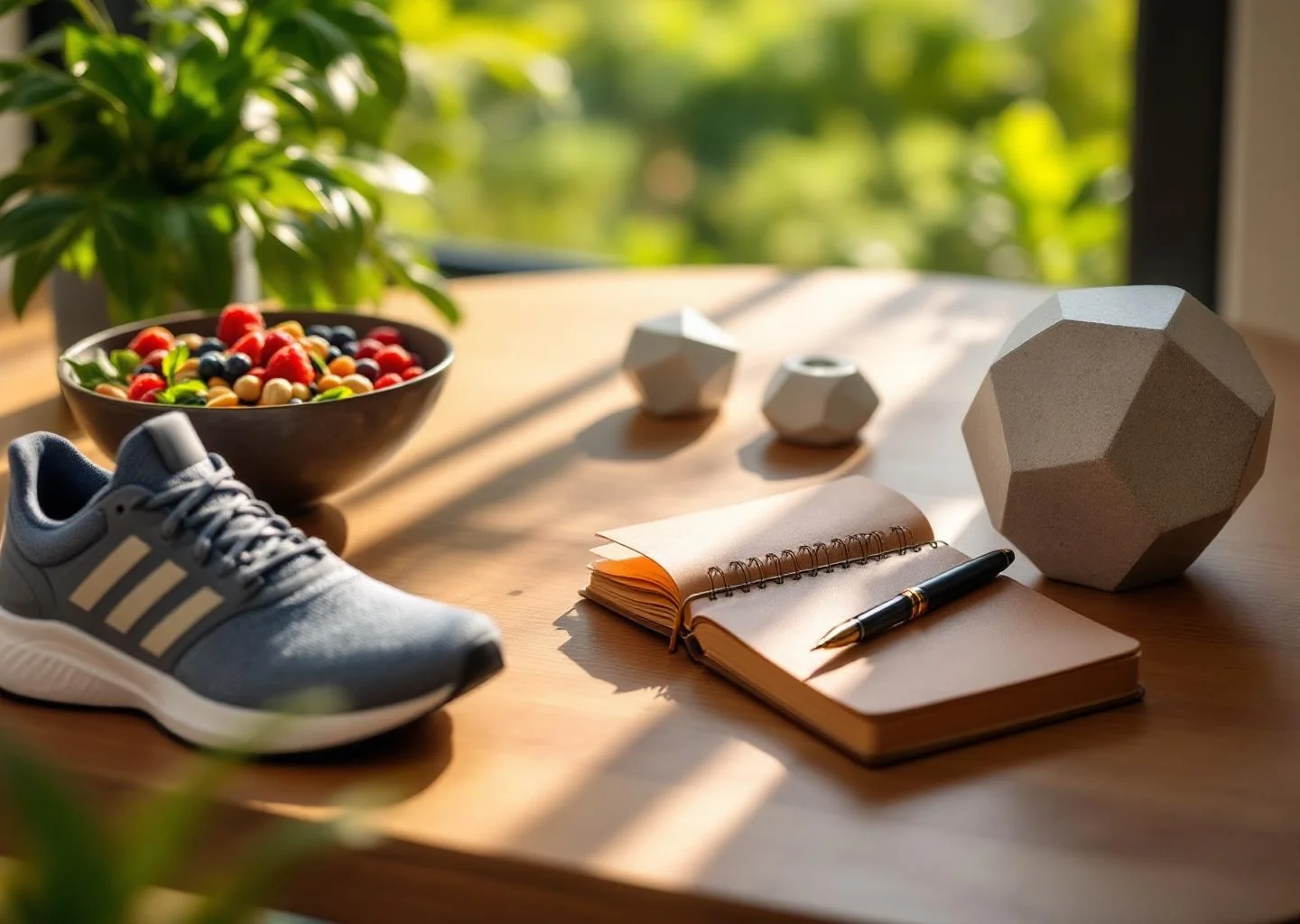 An aspirational tabletop scene featuring running shoes, healthy whole foods, and a notebook, symbolizing the intersection of physical health, nutrition, and cognitive activity.