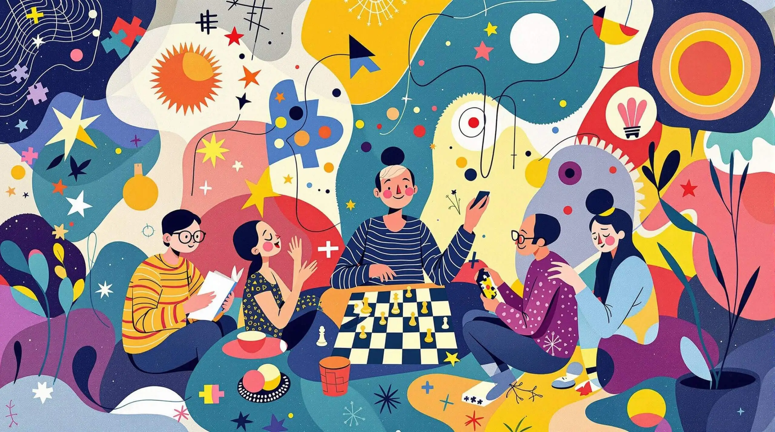 Illustration of people reading, playing chess, and solving puzzles with abstract background elements.