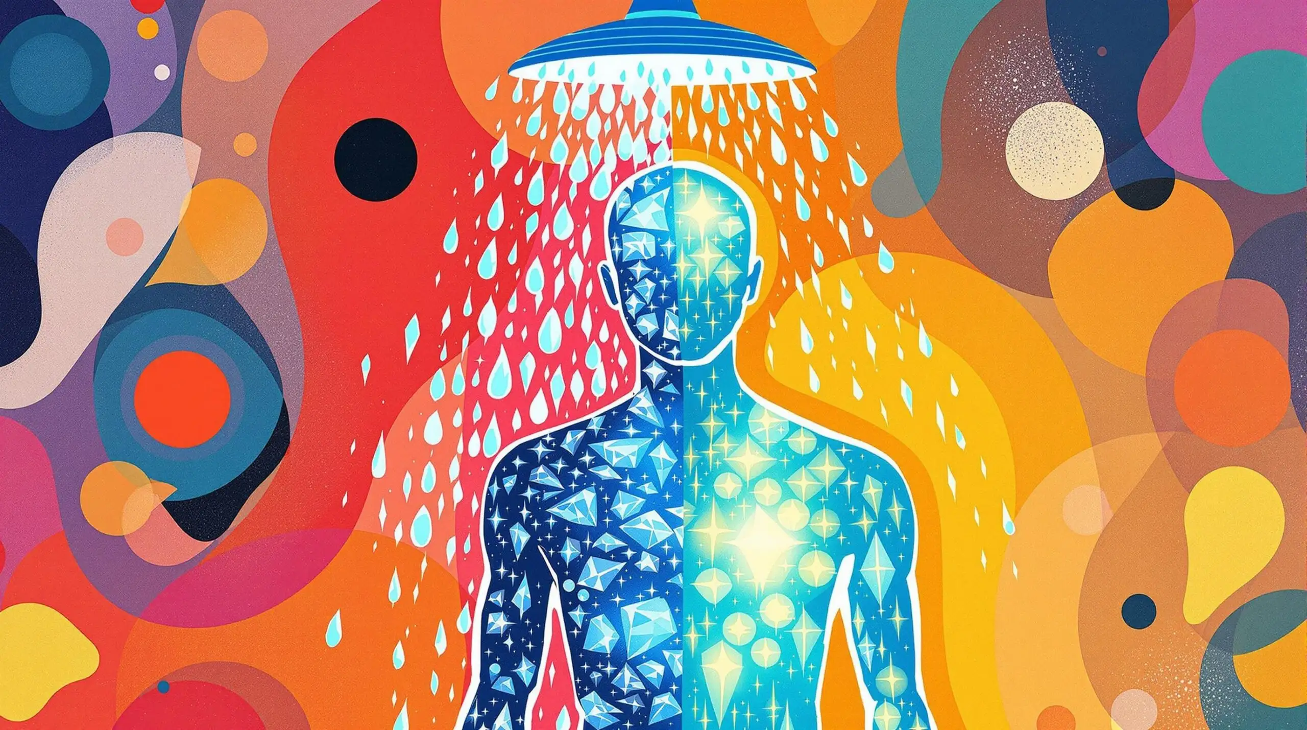 A person standing between cold and hot temperatures represented in an abstract artistic style.