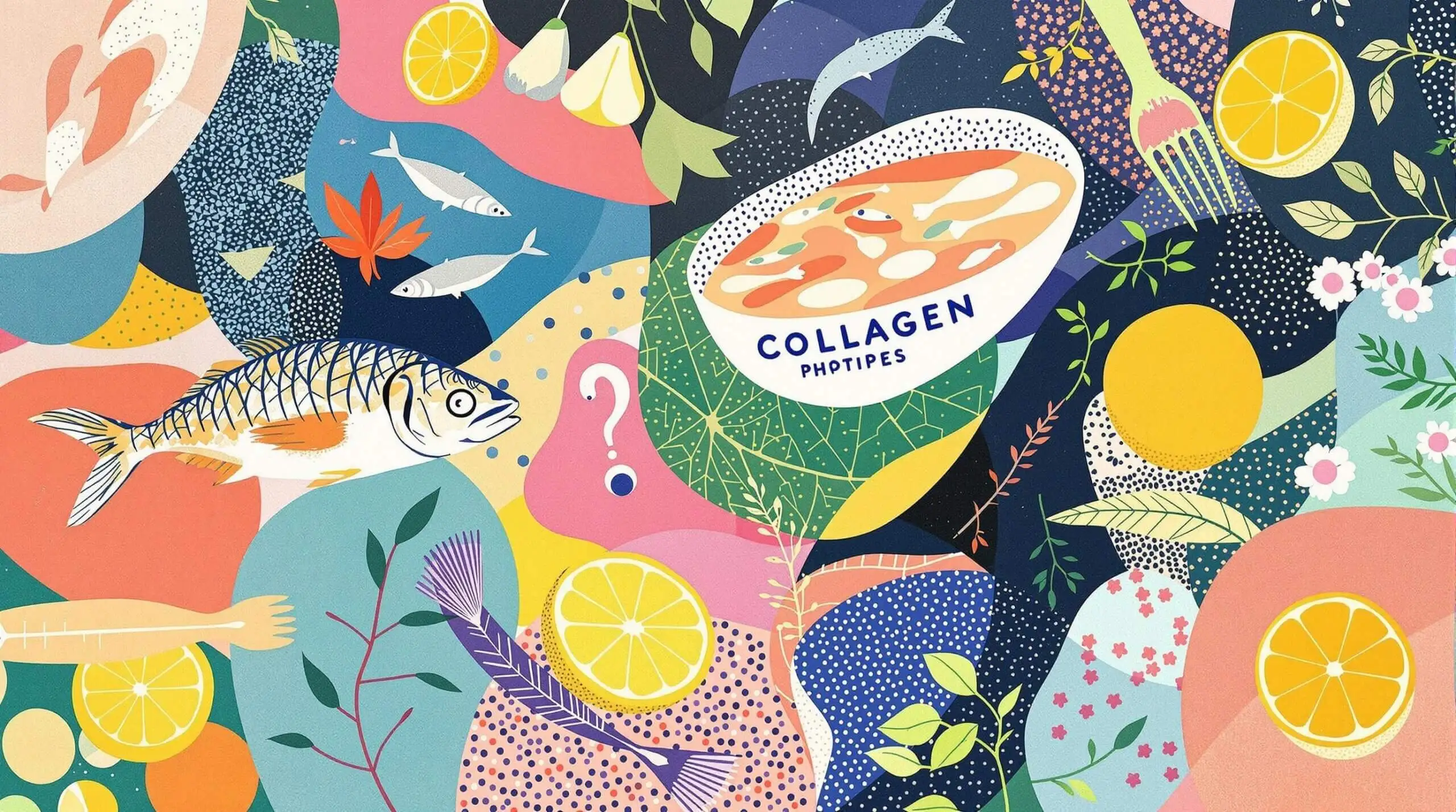 Collage of fish, bone broth, and fruits illustrating natural collagen sources.