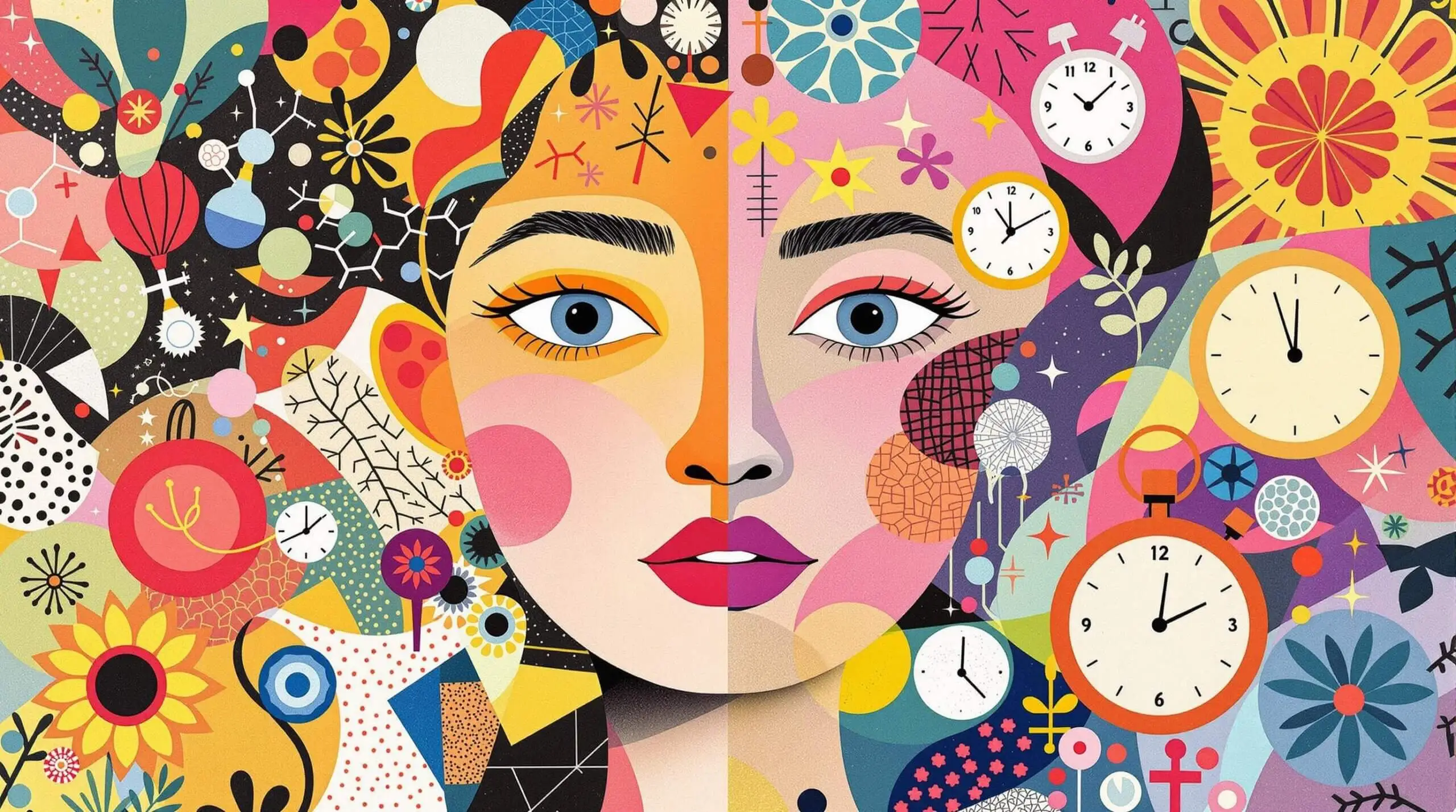 Illustration of youthful skin and longevity elements in collage style.