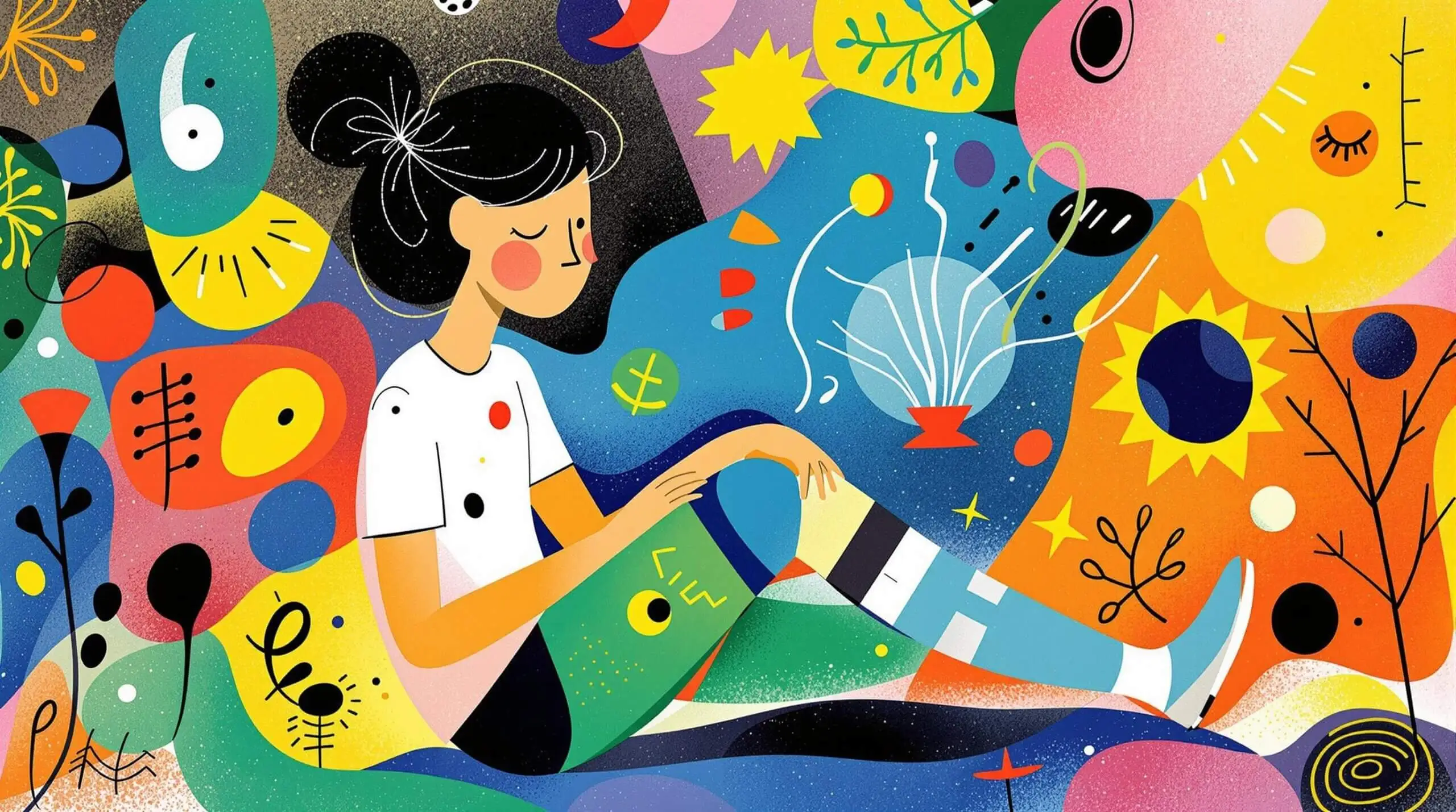 A youthful figure using a compression therapy device with abstract patterns symbolizing circulation.