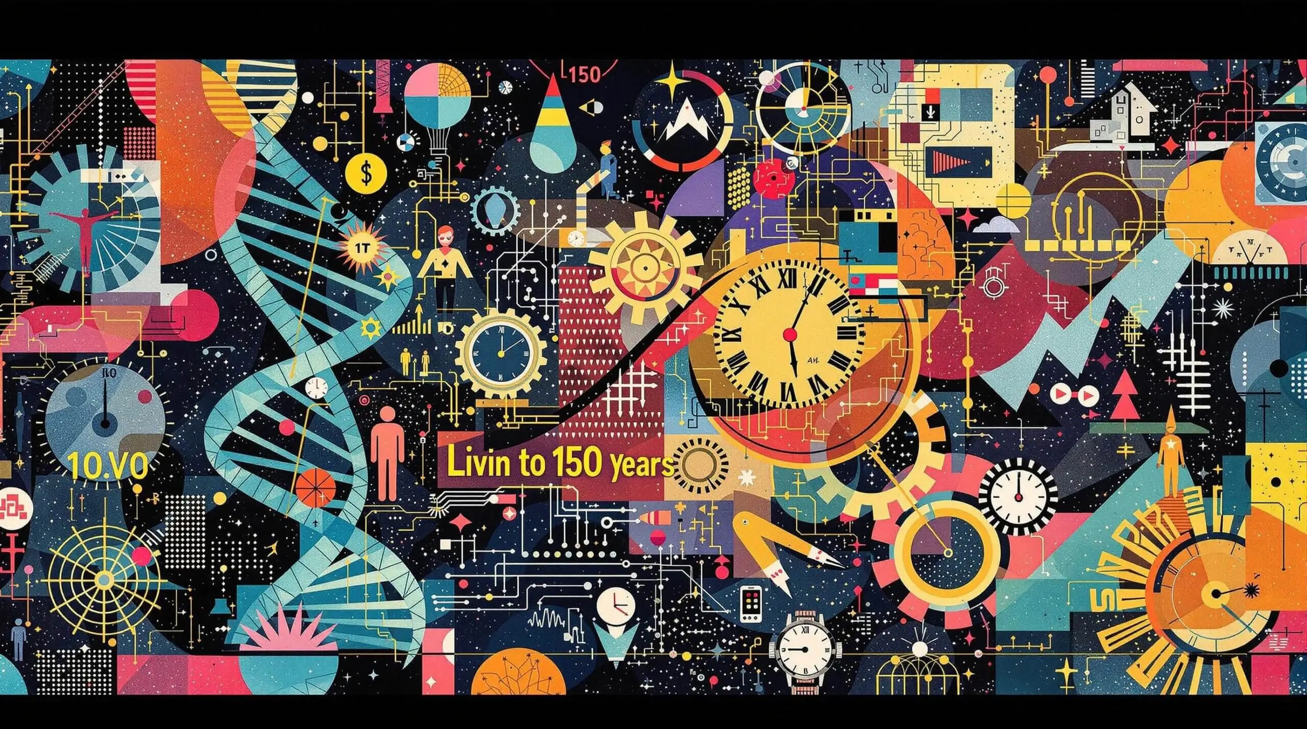 Collage art in Hannah Hoch style representing biology and AI in life extension.