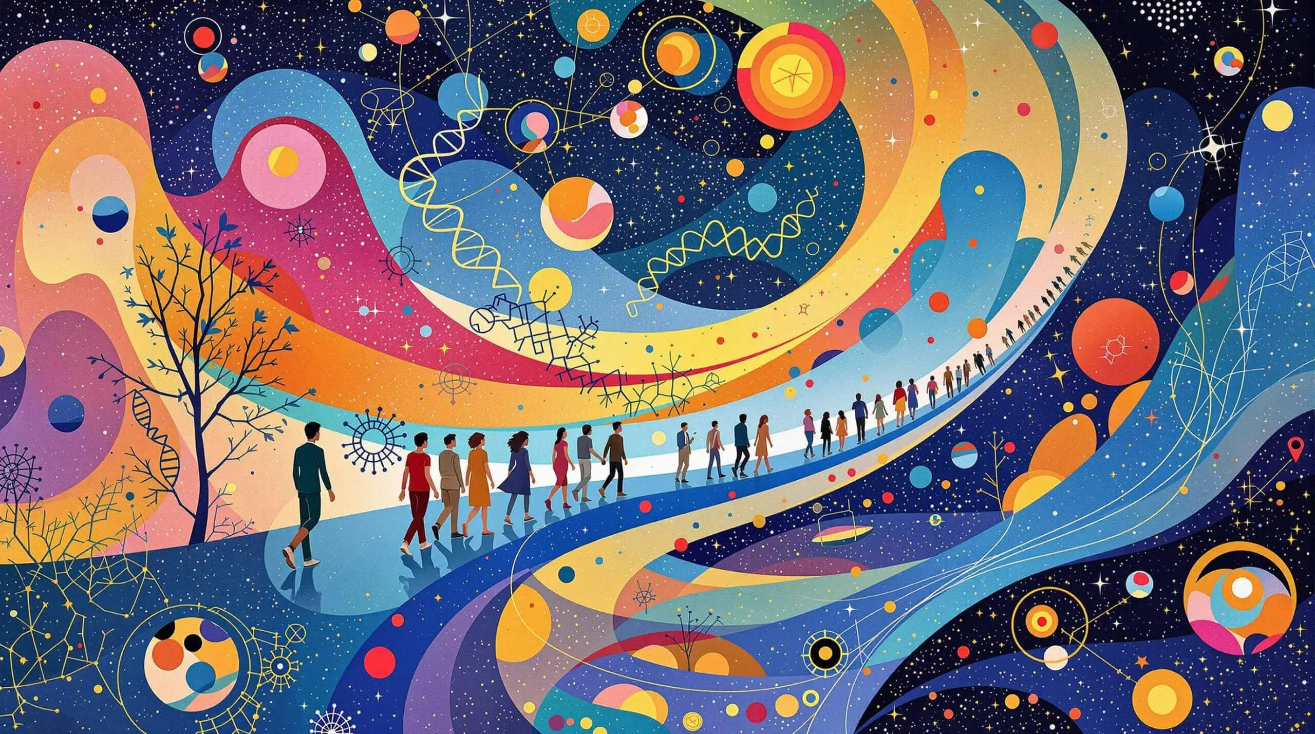 An artistic interpretation in Joan Miró's style of people in a landscape symbolizing CRISPR and AI.