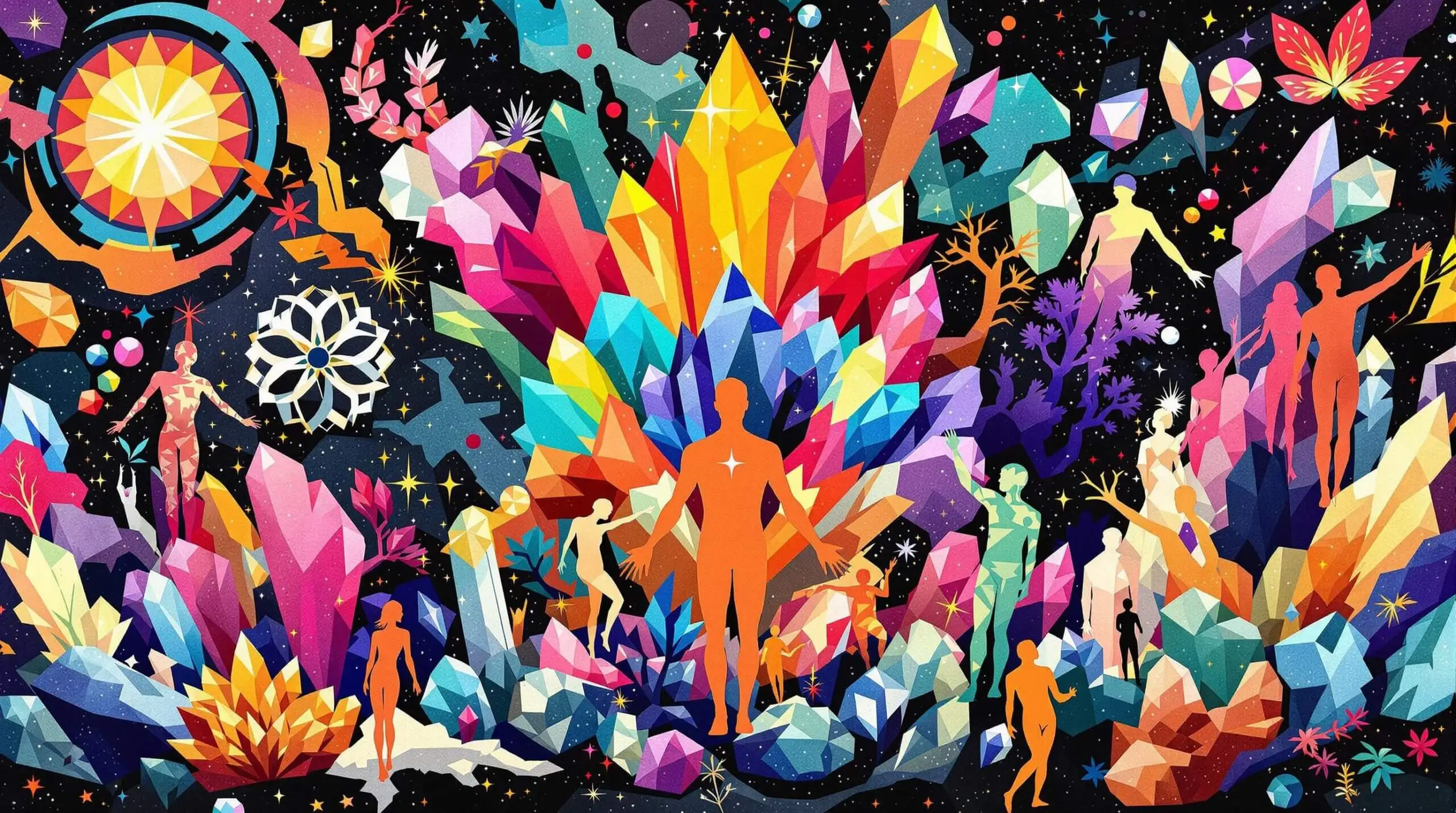 Collage of minerals and crystals with human silhouettes symbolizing vitality.