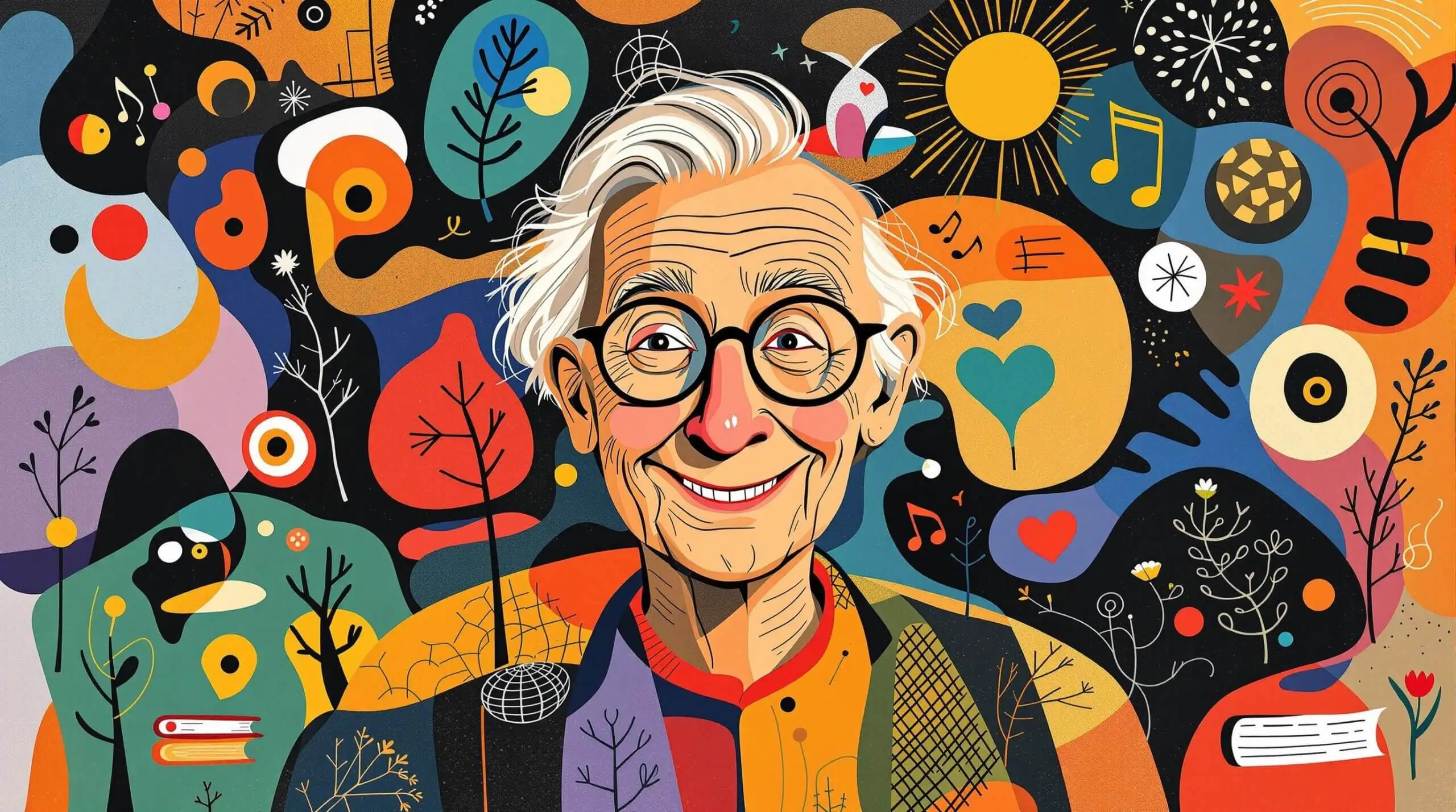 An elder with glasses in a lively, abstract colorful setting symbolizing a thriving life despite aging.