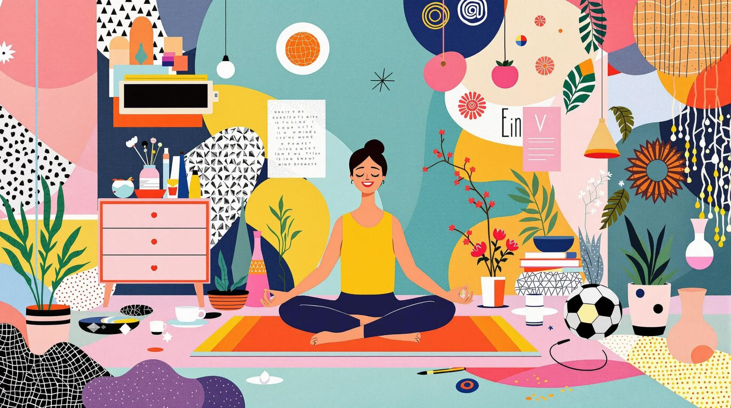 A person meditating in a minimalistic space with colorful patterns inspired by Hannah Hoch