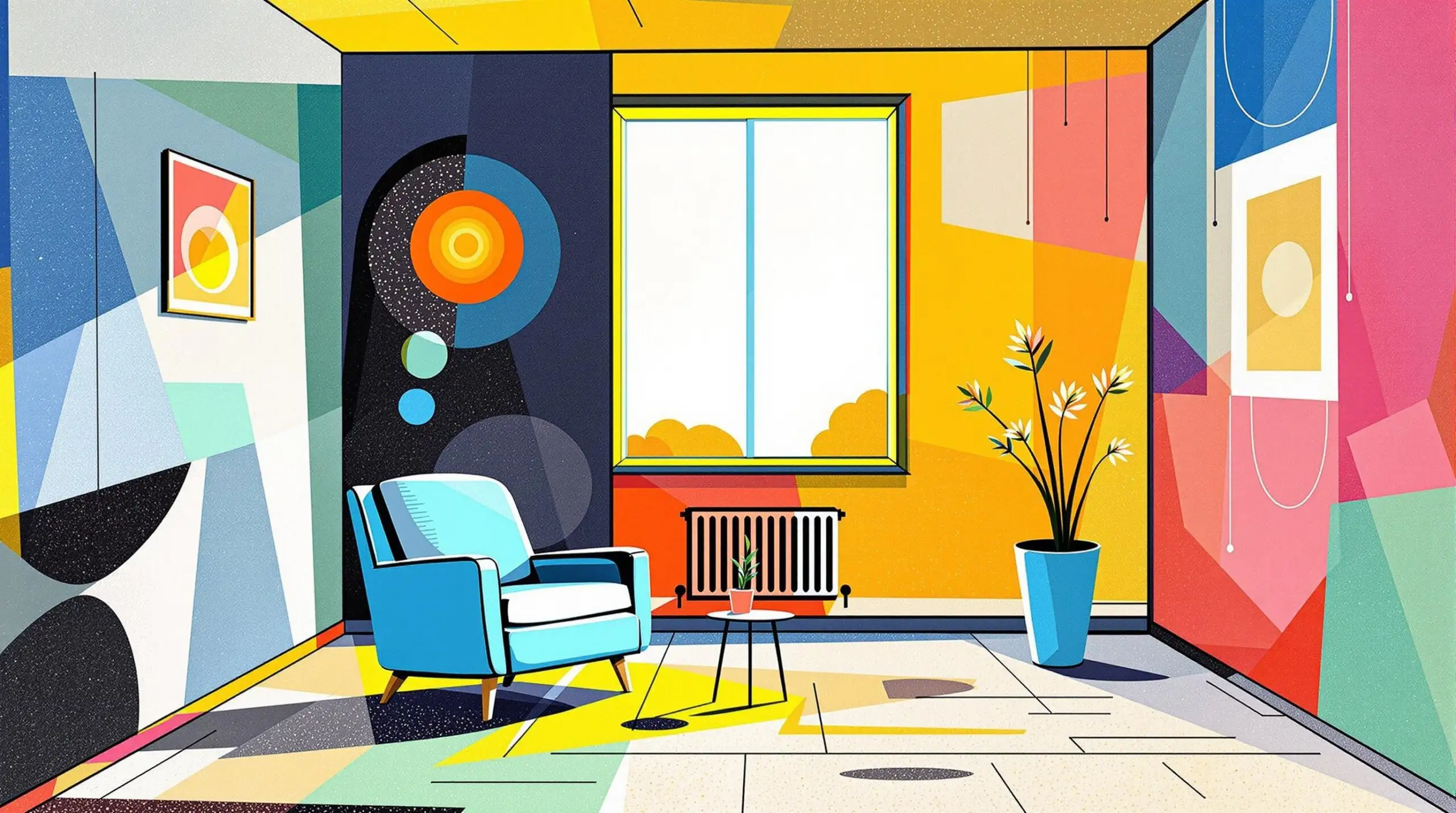 Minimalistic living room with bright colors and abstract patterns inspired by Kandinsky