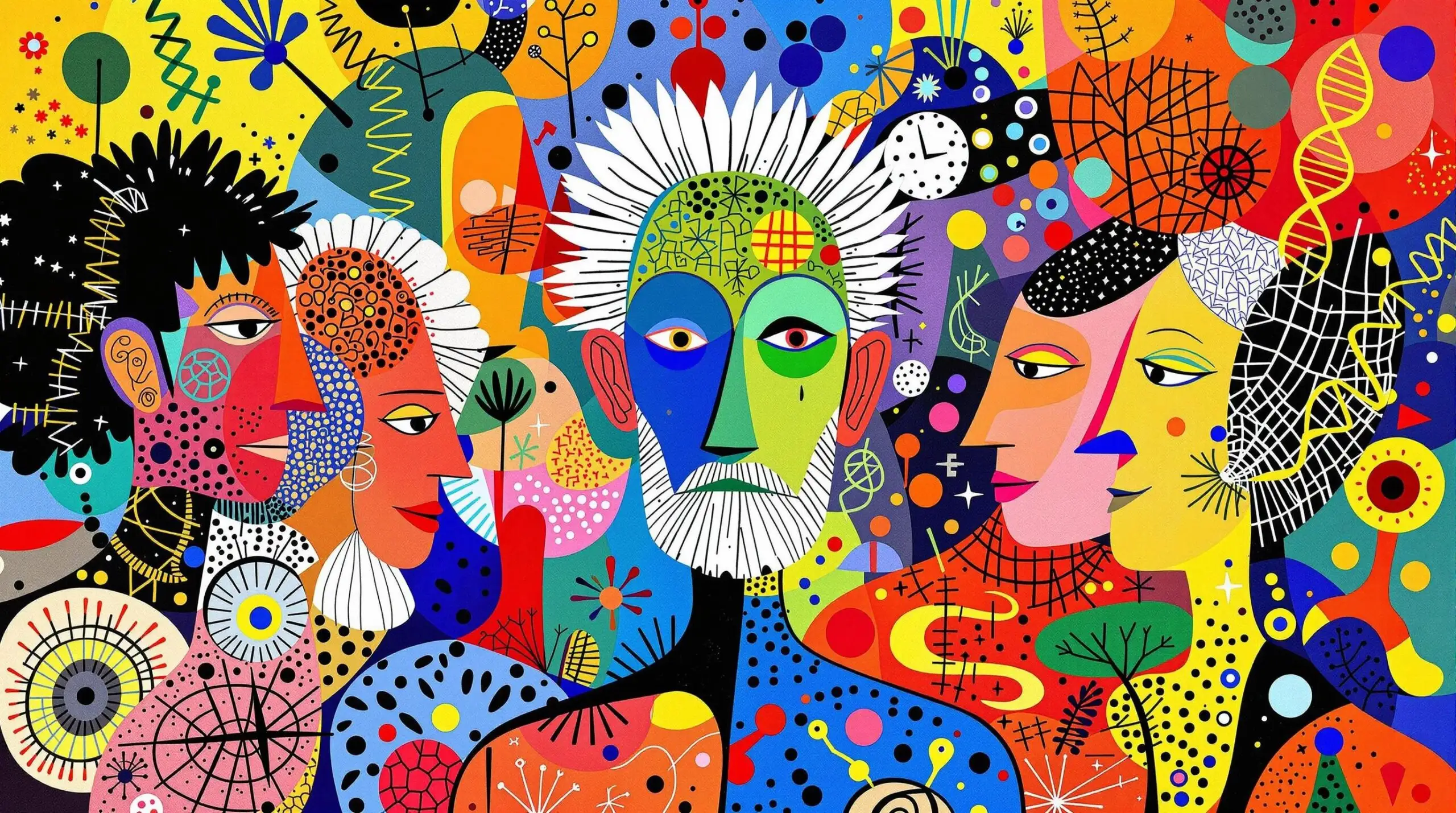 Abstract depiction of centenarians with DNA strands in a colorful, vibrant setting.