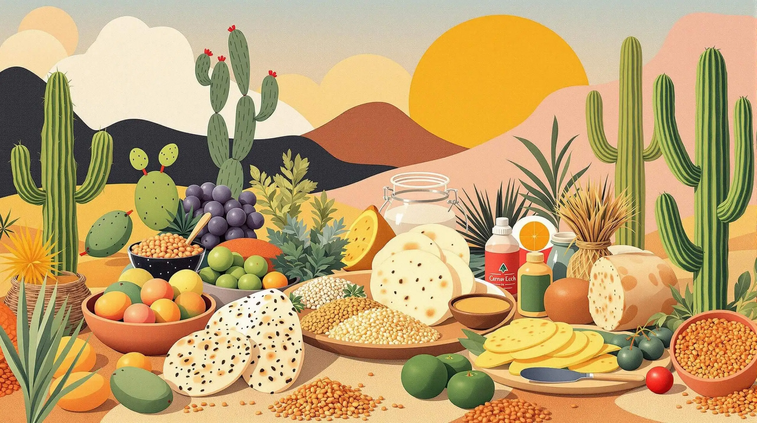 A collage of desert foods like flatbread and cactus fruit in playful, abstract style.