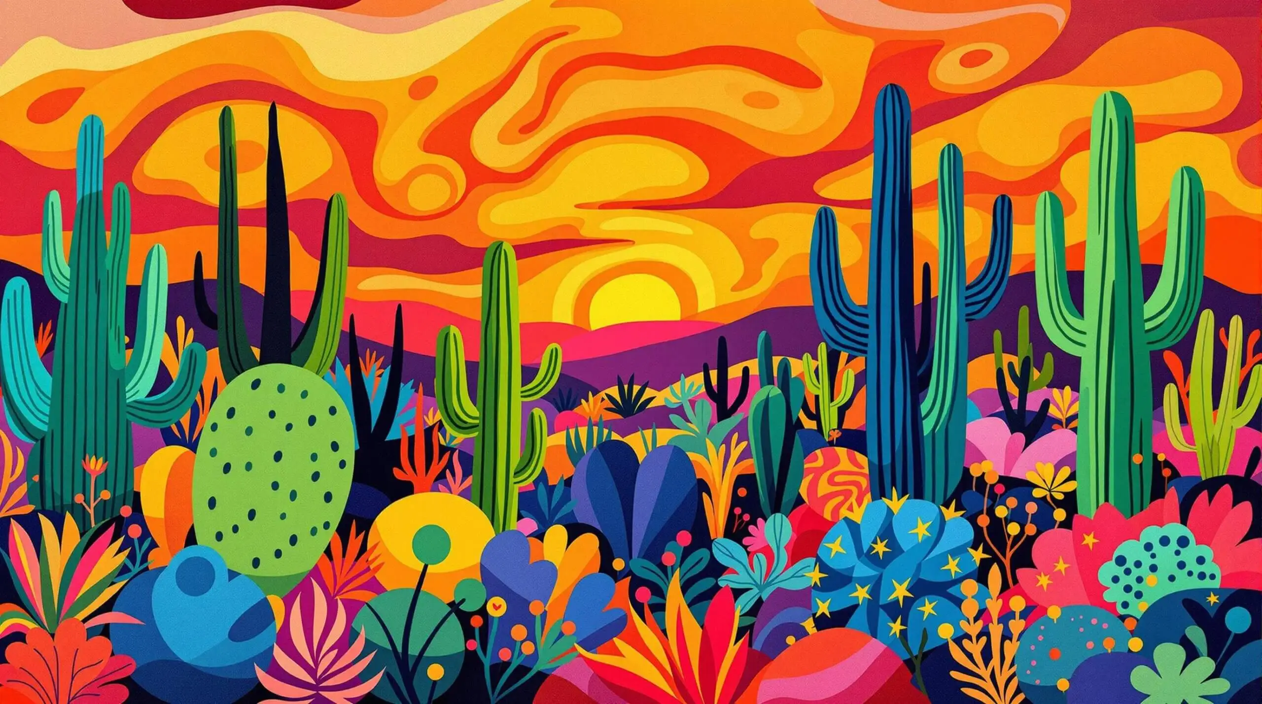 A colorful depiction of desert plants with a setting sun reflected in rich, abstract patterns.