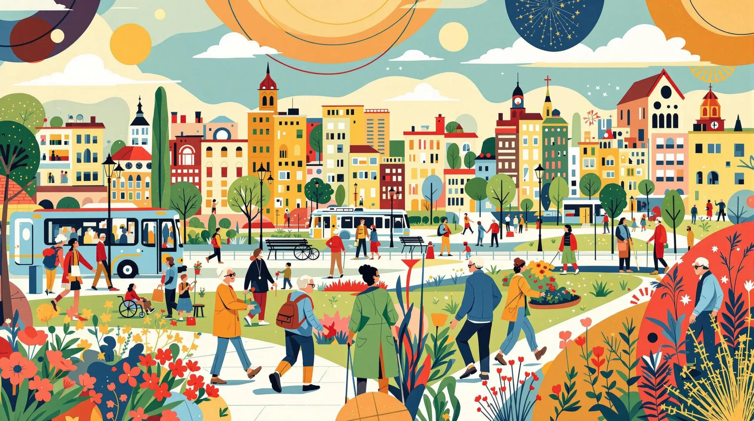 An artistic depiction of a city designed for centenarians, with elderly figures and accessible urban features.
